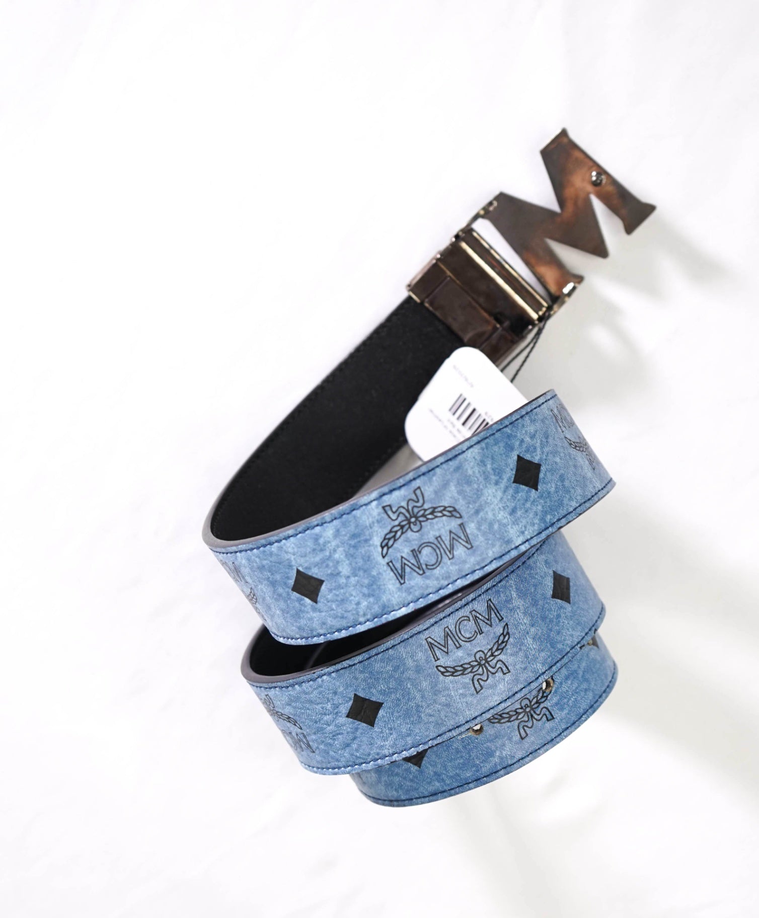 $380 MCM - Black/Blue Claus M Leather Reversible Belt - 40W