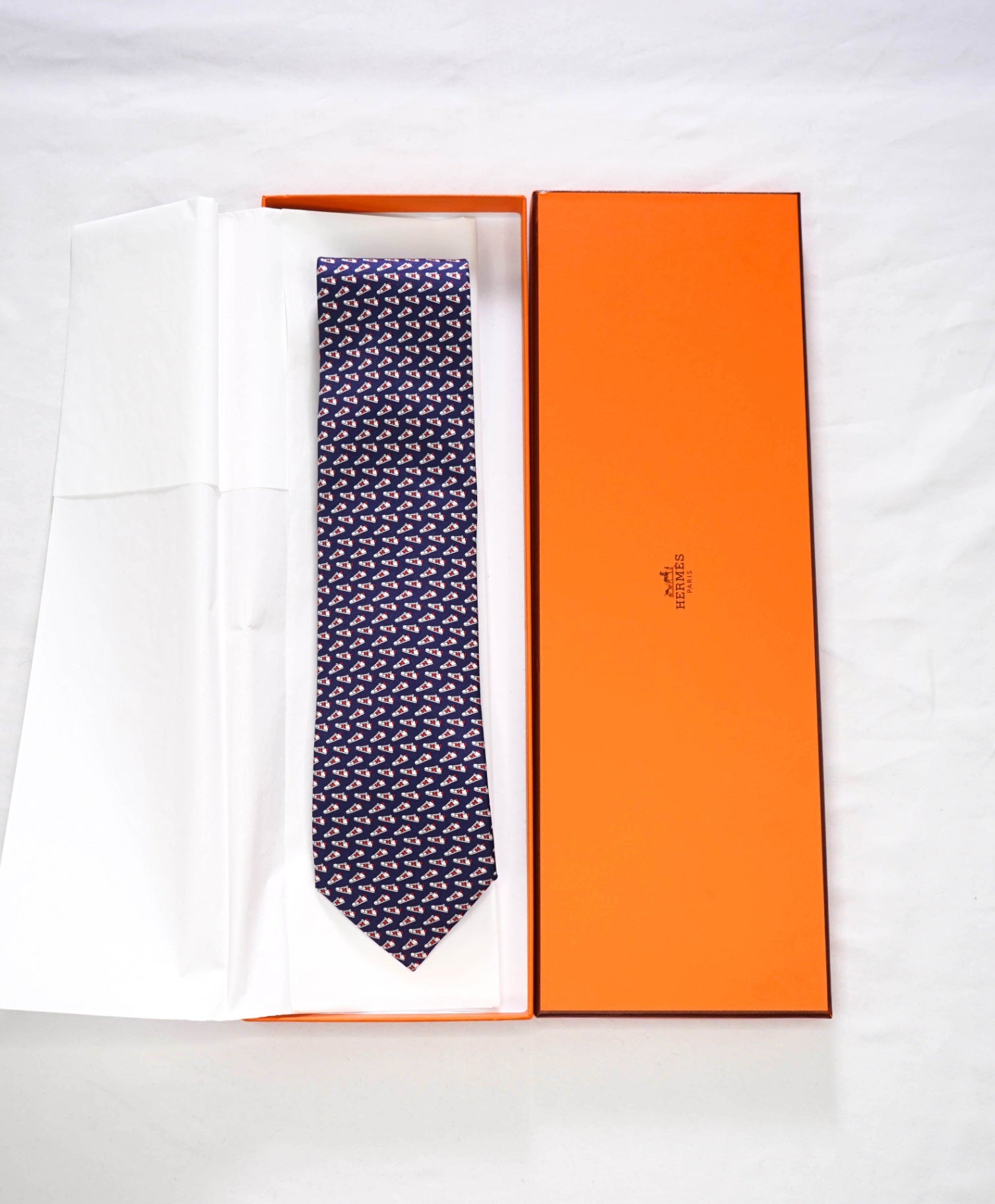 $300 HERMES - Navy Blue "Sneaker" Print Silk - 3" Tie