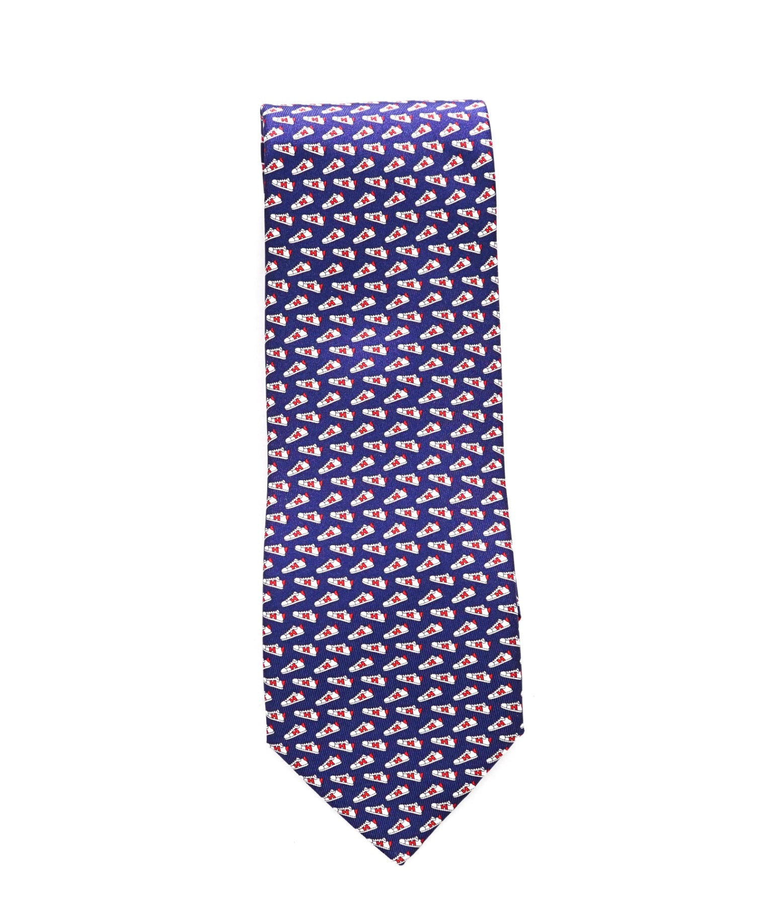 $300 HERMES - Navy Blue "Sneaker" Print Silk - 3" Tie