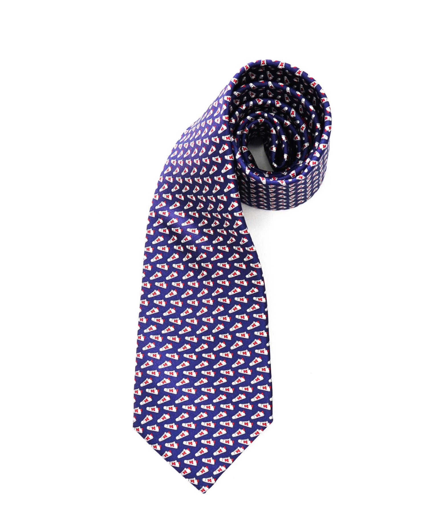 $300 HERMES - Navy Blue "Sneaker" Print Silk - 3" Tie