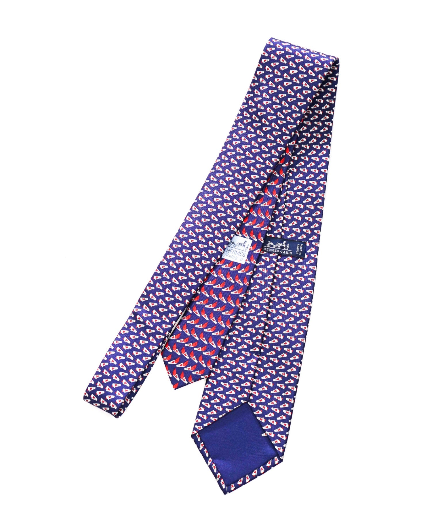 $300 HERMES - Navy Blue "Sneaker" Print Silk - 3" Tie