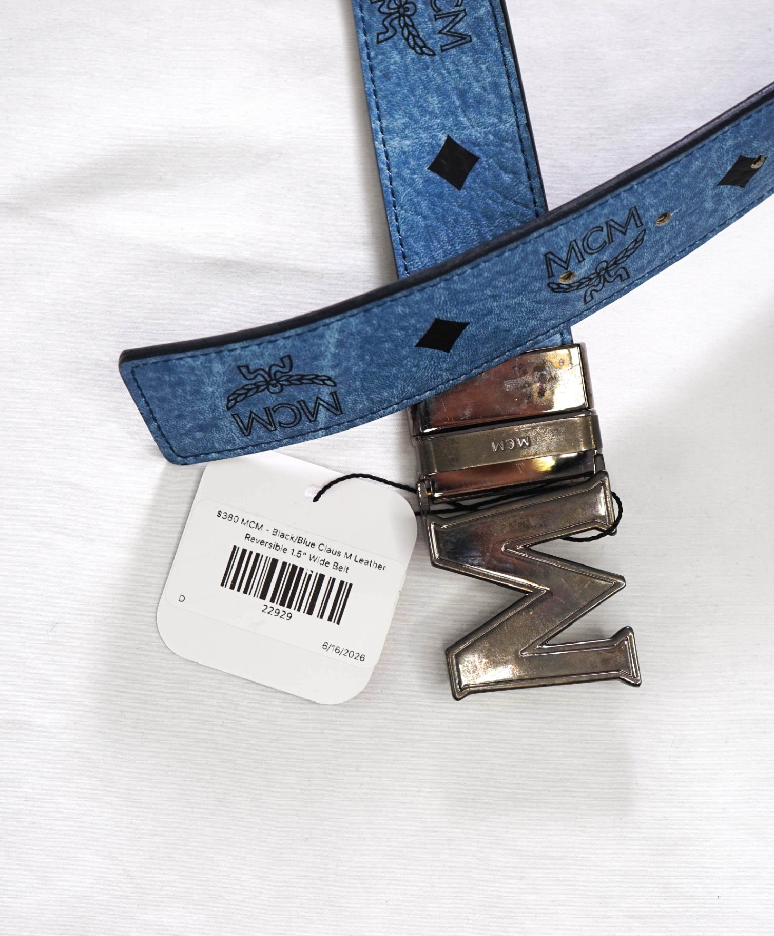 $380 MCM - Black/Blue Claus M Leather Reversible Belt - 40W