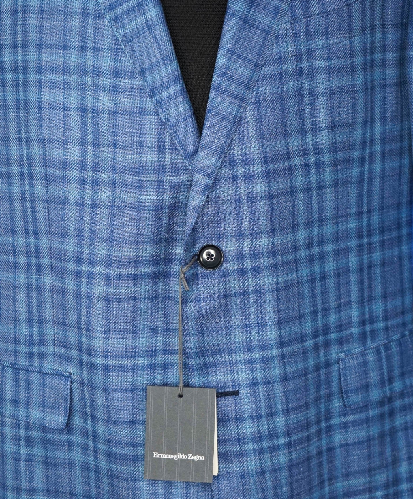$2,990 ZEGNA - Blue Plaid Wool/Silk/Linen Blazer - 46R