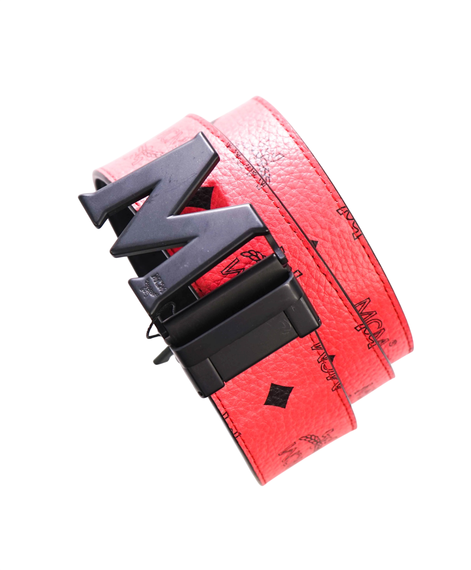 $350 MCM - Black/Red Claus M Leather Reversible Belt -34W