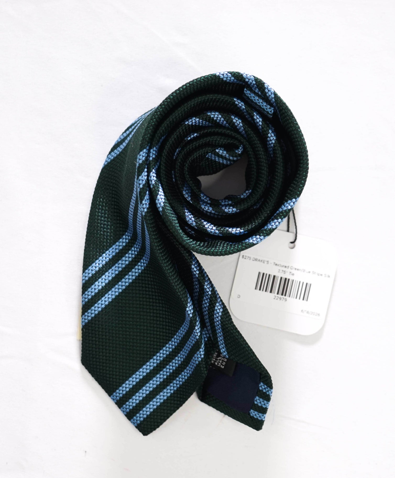 $275 DRAKE'S - Textured Green/Blue Stripe Silk - 2.75" Tie