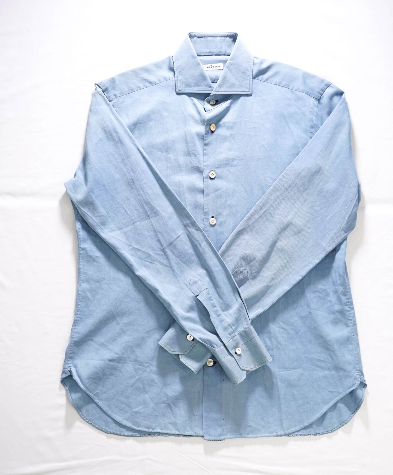 $775 KITON - Solid Blue Chambray Denim Cotton Shirts - 16 | 41