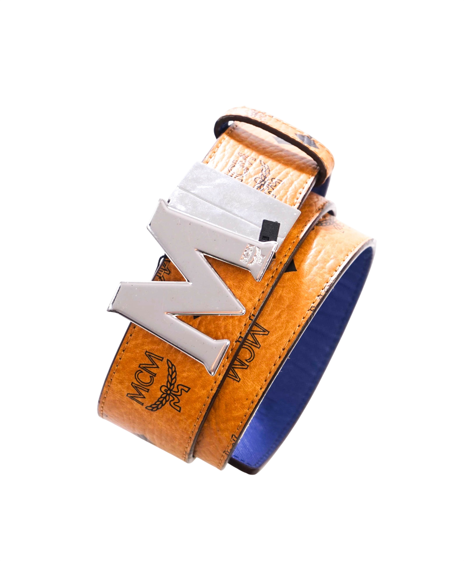 $350 MCM - Blue/Brown Claus M Leather Reversible Belt - 34W