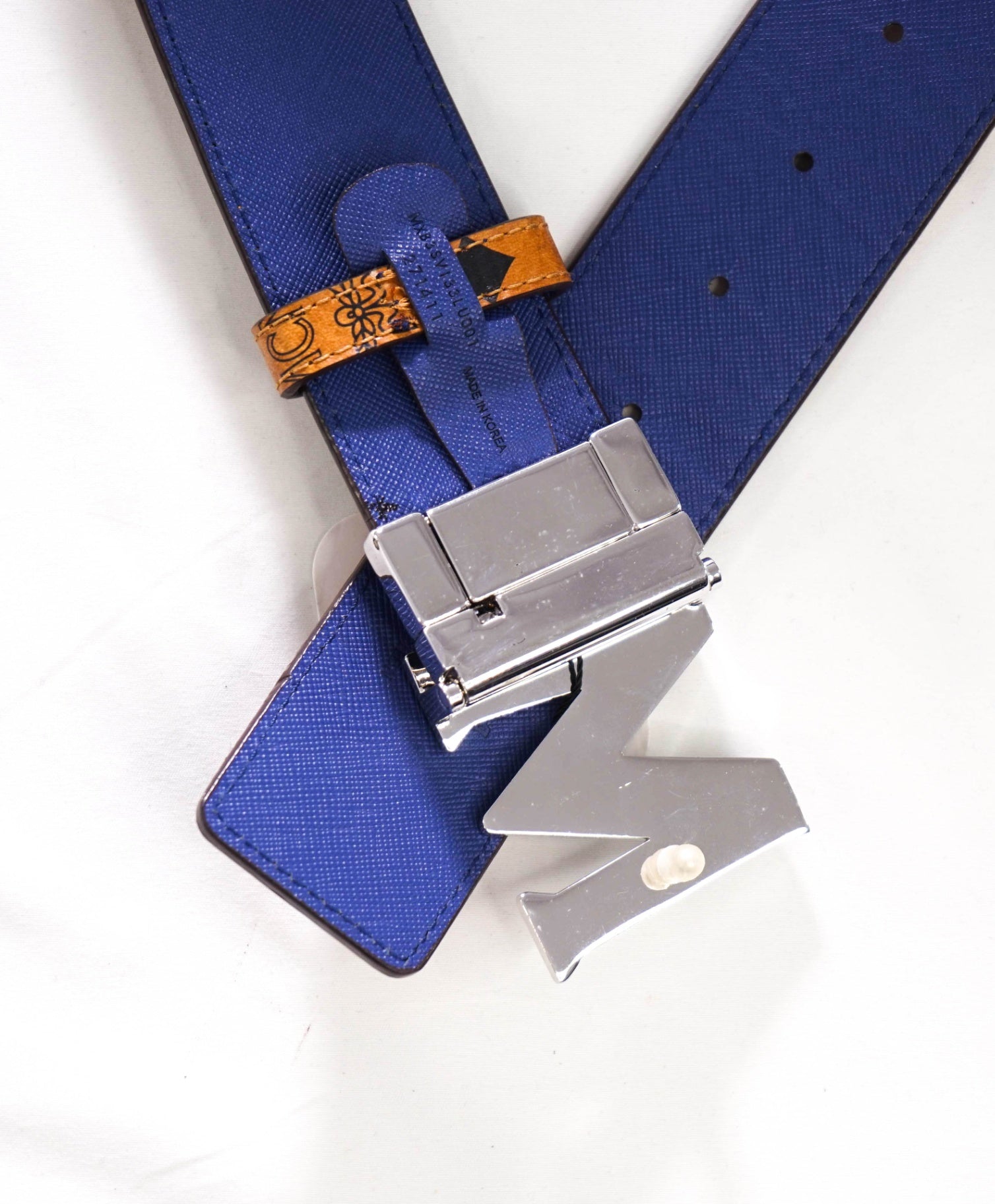 $350 MCM - Blue/Brown Claus M Leather Reversible Belt - 34W