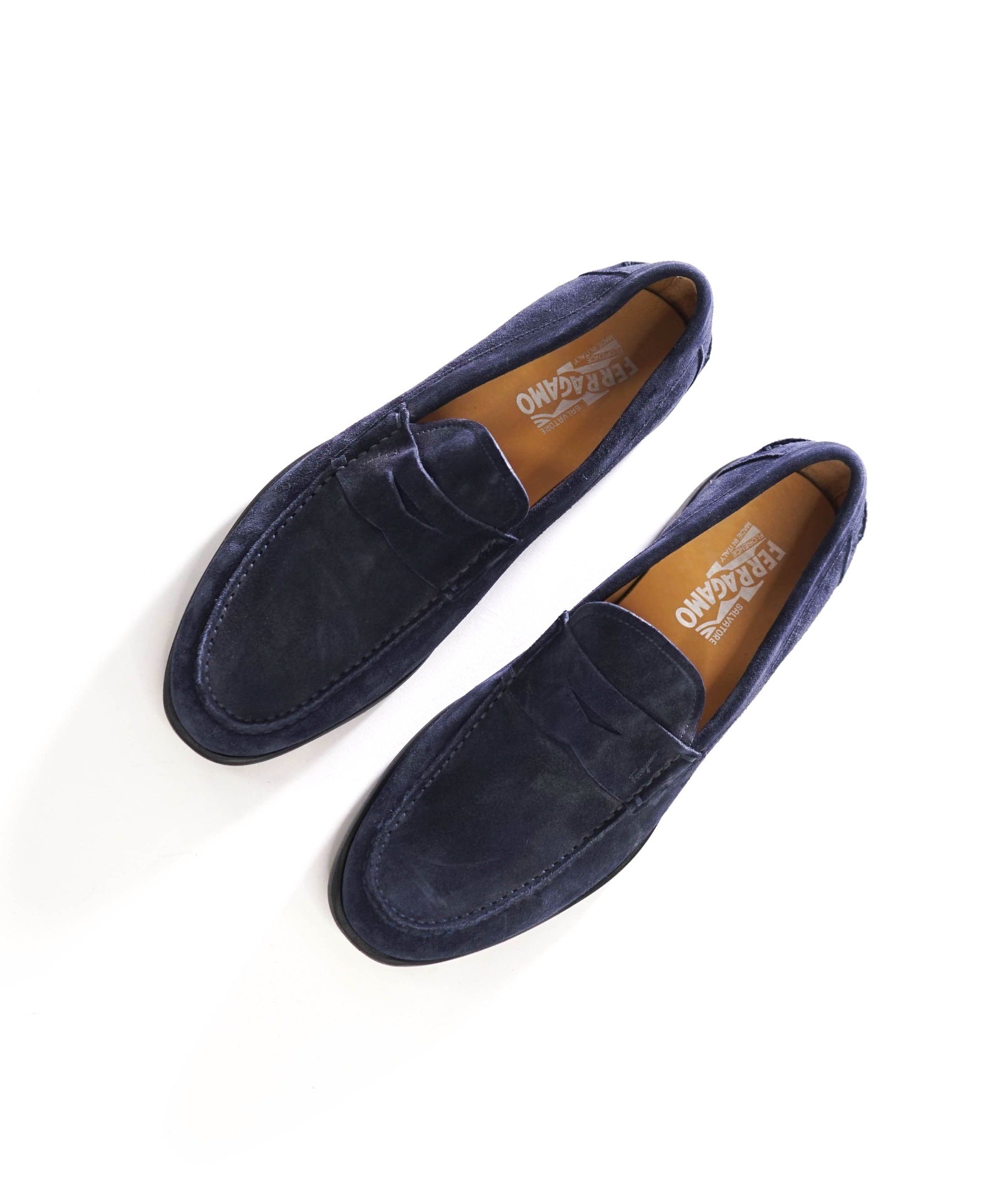 $850 FERRAGAMO - Navy Blue Suede Penny Loafers - 9 D