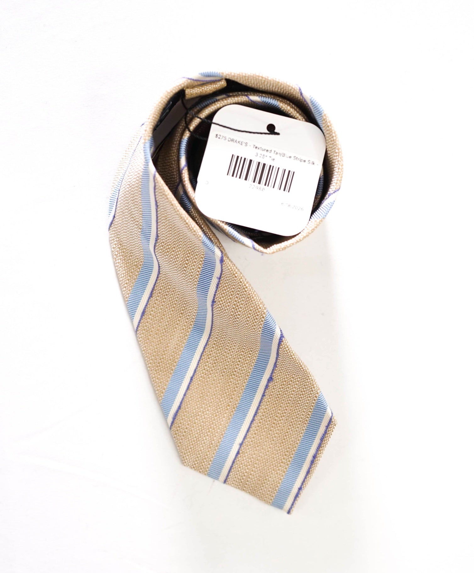 $275 DRAKE'S - Textured Tan/Blue Stripe Silk/Linen - 3.25" Tie
