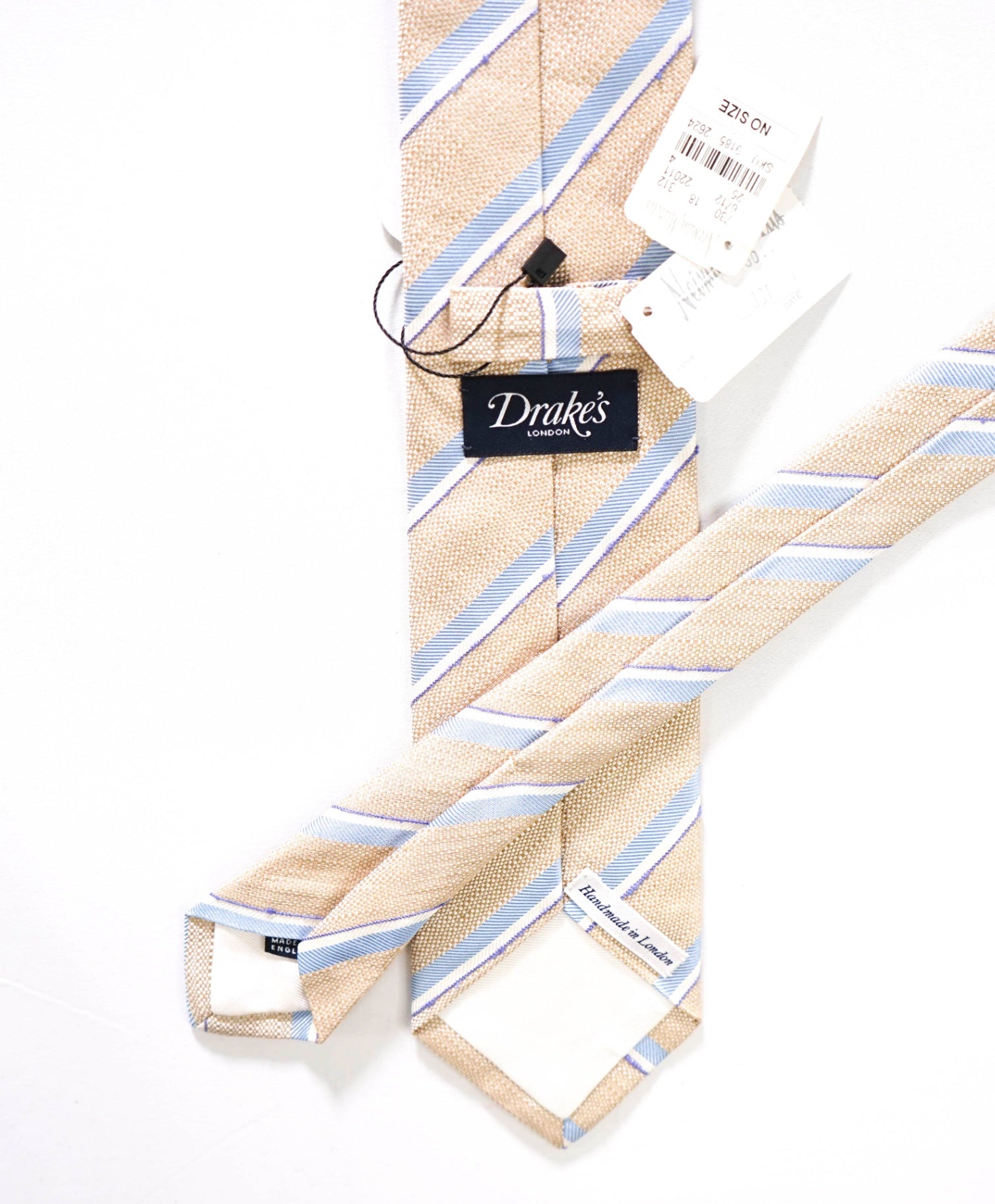 $275 DRAKE'S - Textured Tan/Blue Stripe Silk/Linen - 3.25" Tie