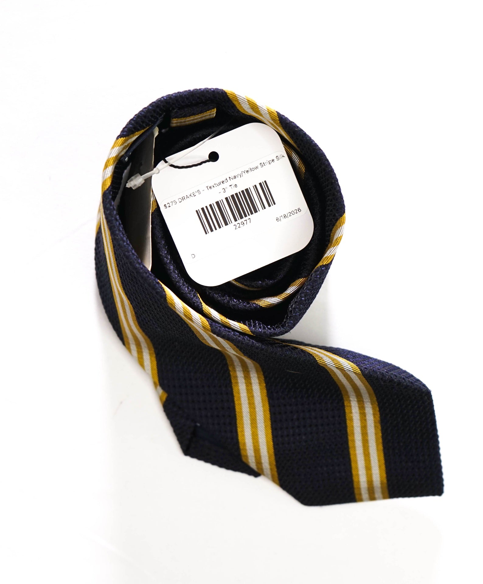 $275 DRAKE'S - Textured Navy/Yellow Stripe Silk - 3" Tie