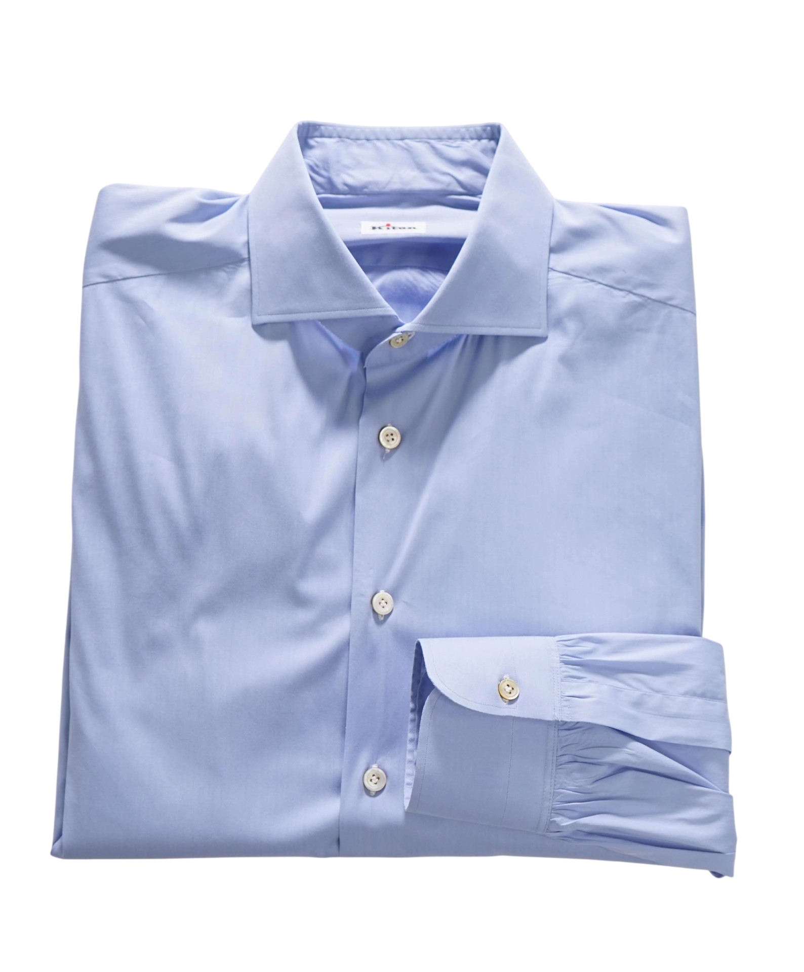 $875 KITON - Cotton Solid Blue Shirt - 17.5