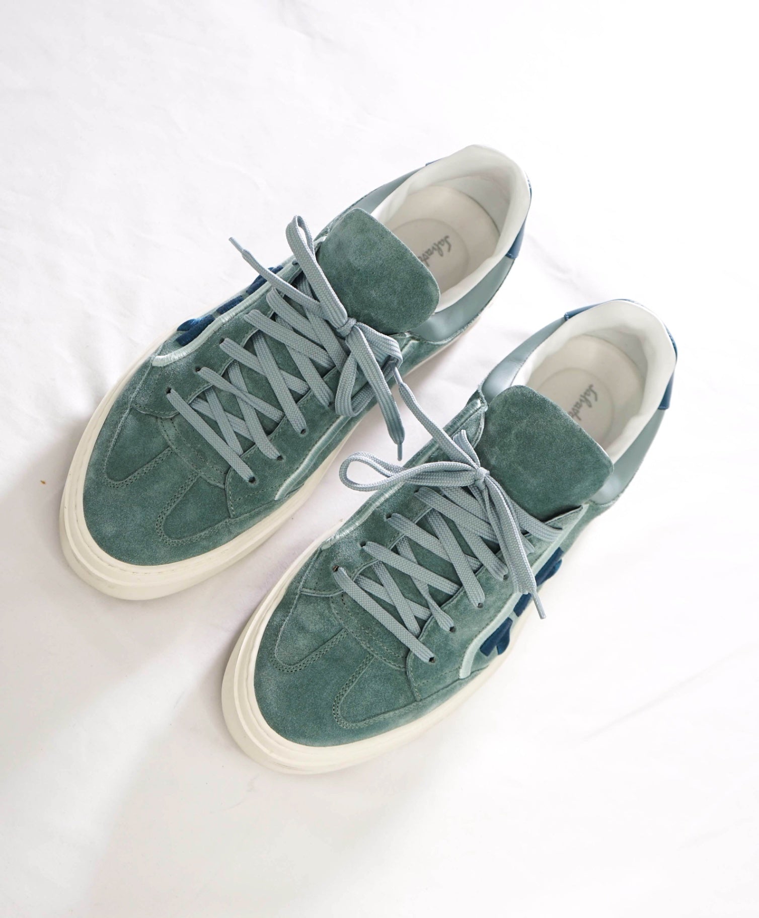 $795 FERRAGAMO - Teal Suede/Leather "BORG 12" Sneakers - 10 M