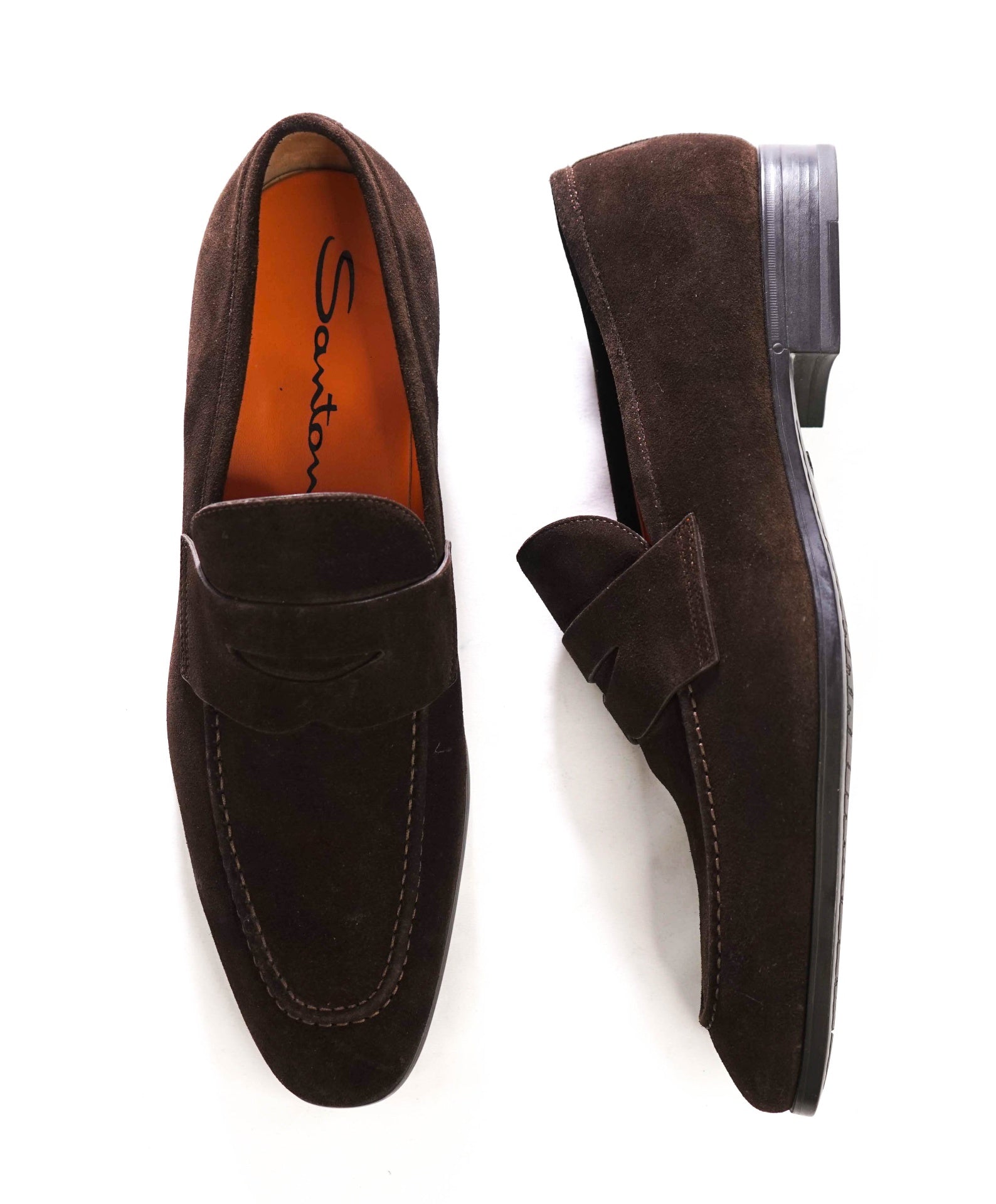 $795 SANTONI - Brown Suede Penny Loafers - 10