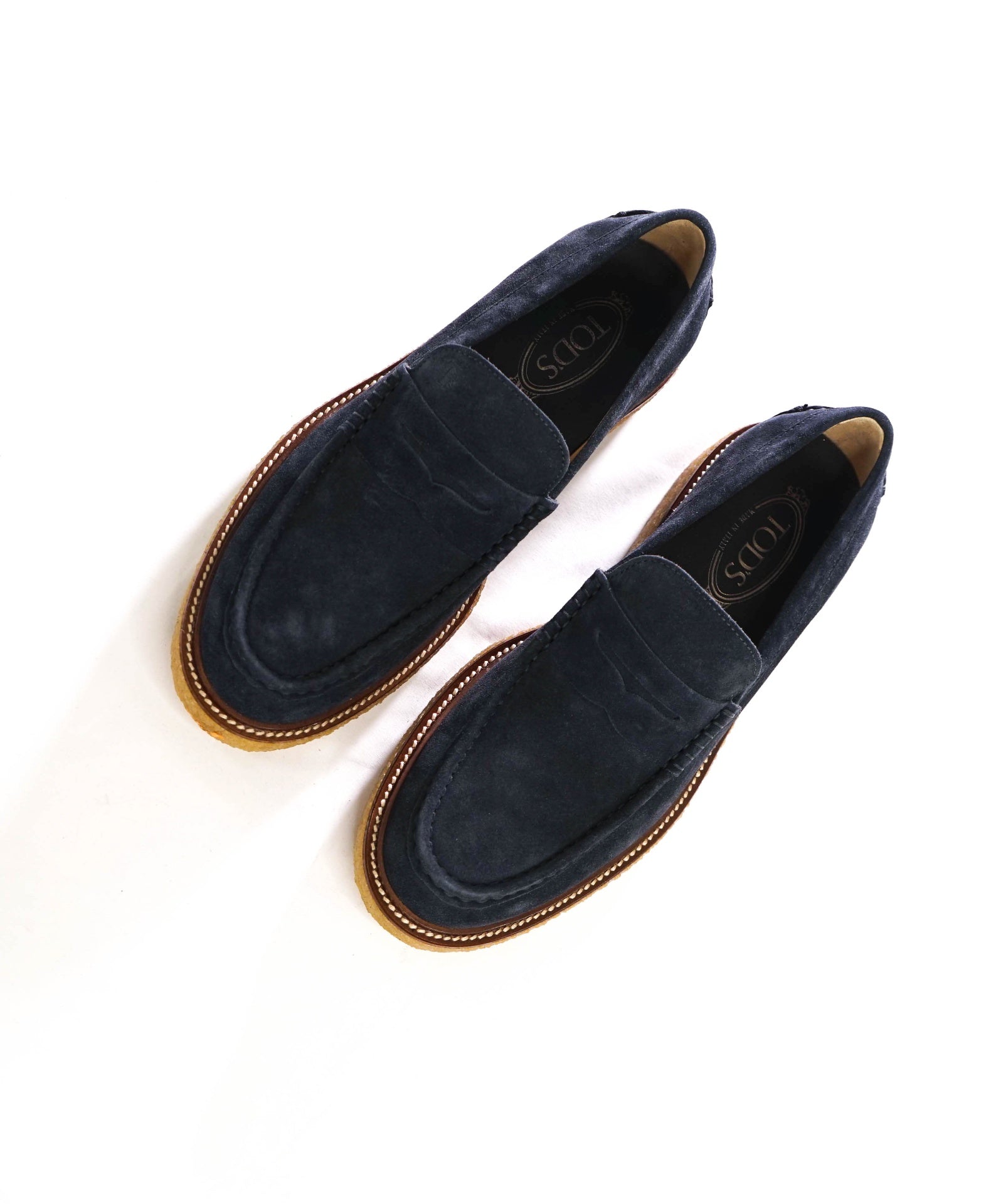 $925 TOD'S - Navy Blue Suede Lug-Sole Penny Loafers - US 8 (7UK)