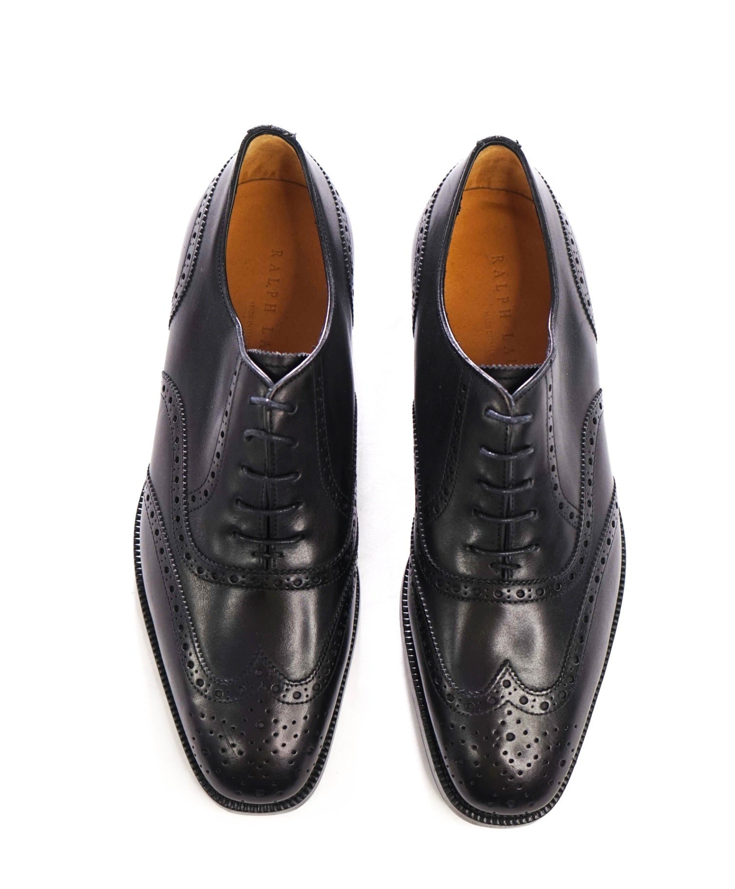 $1,350 RALPH LAUREN - Black Leather Wingtip Oxfords - 9 E