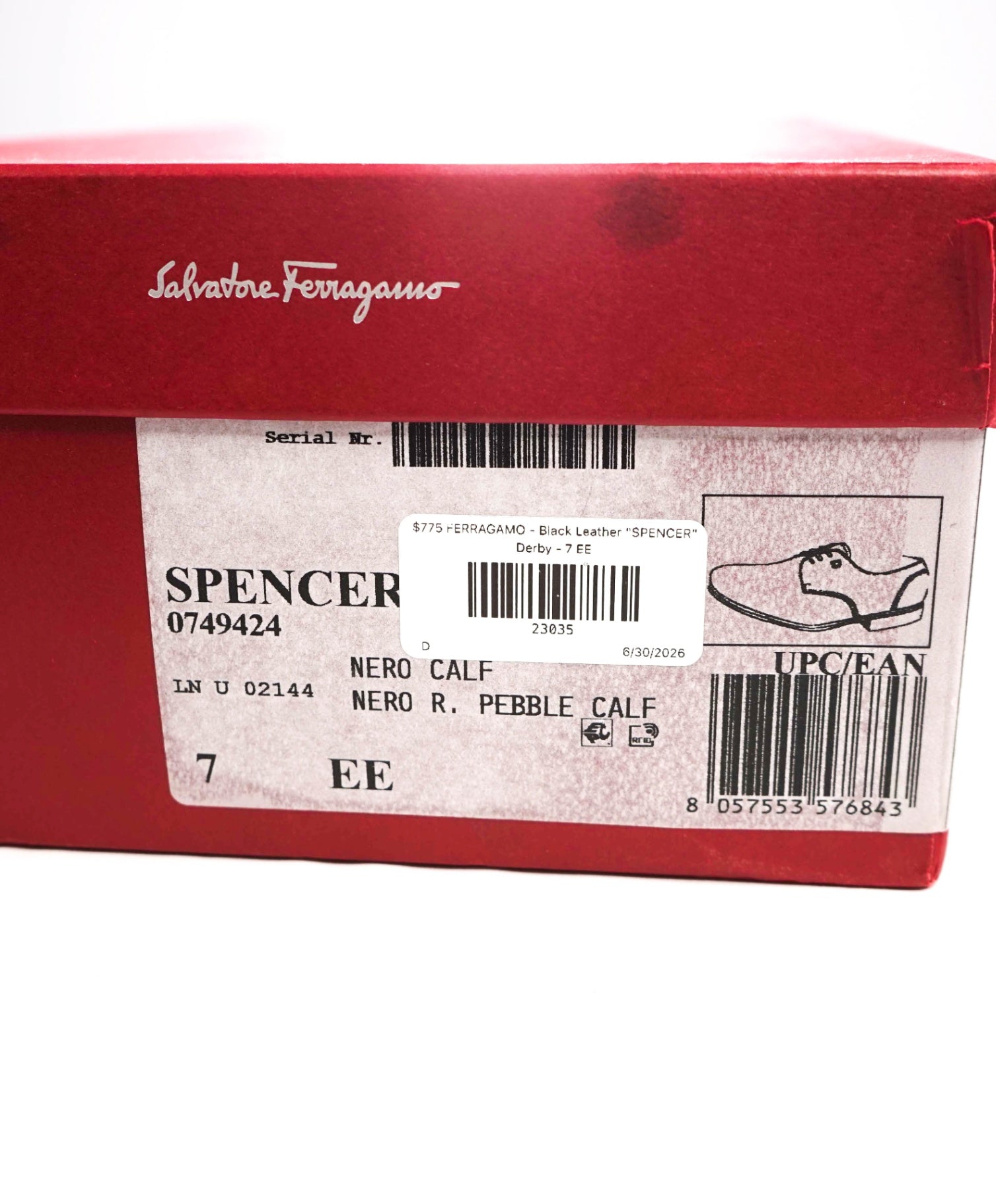 $775 FERRAGAMO - Black Leather "SPENCER" Derby - 7 EE