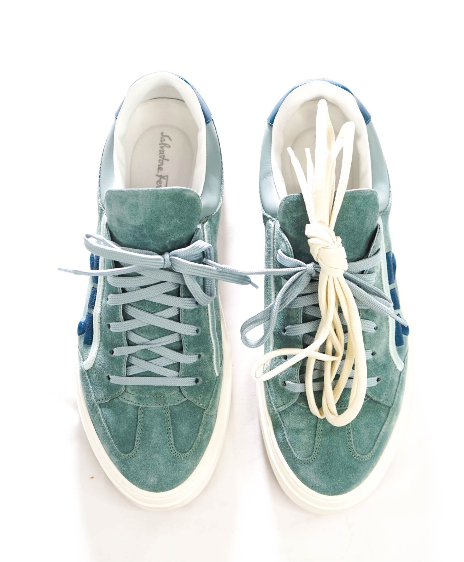 $795 FERRAGAMO - Teal Suede/Leather "BORG 12" Sneakers - 10 M