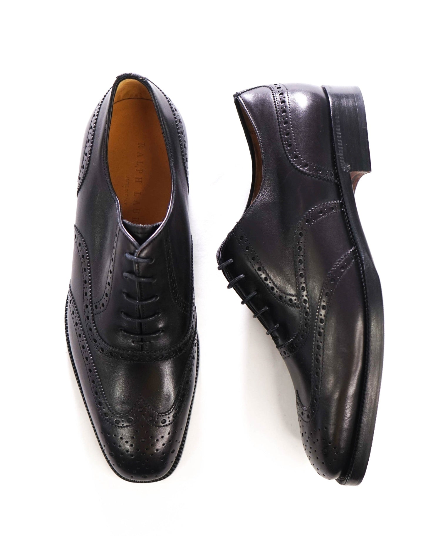 $1,350 RALPH LAUREN - Black Leather Wingtip Oxfords - 9 E