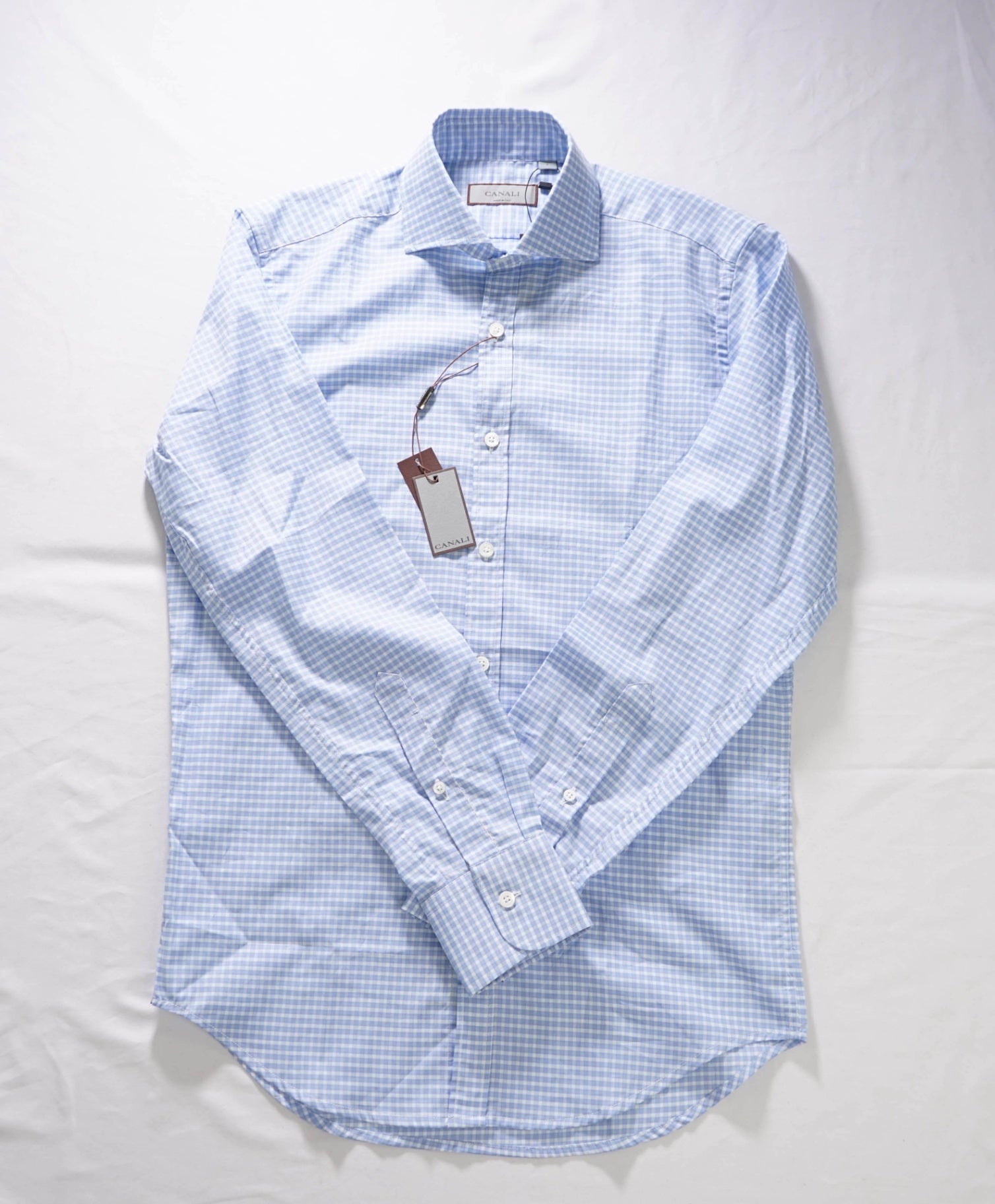 $375 CANALI - Blue Gingham Cotton Shirt - S