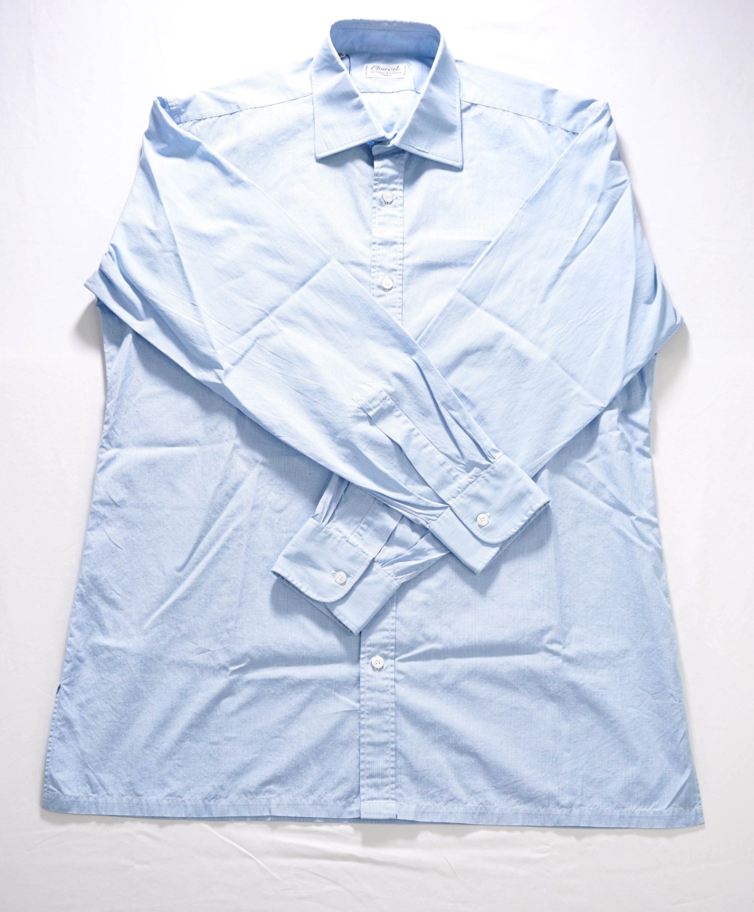 $765 CHARVET - Light Blue Micro Check Cotton Shirt - 16.5