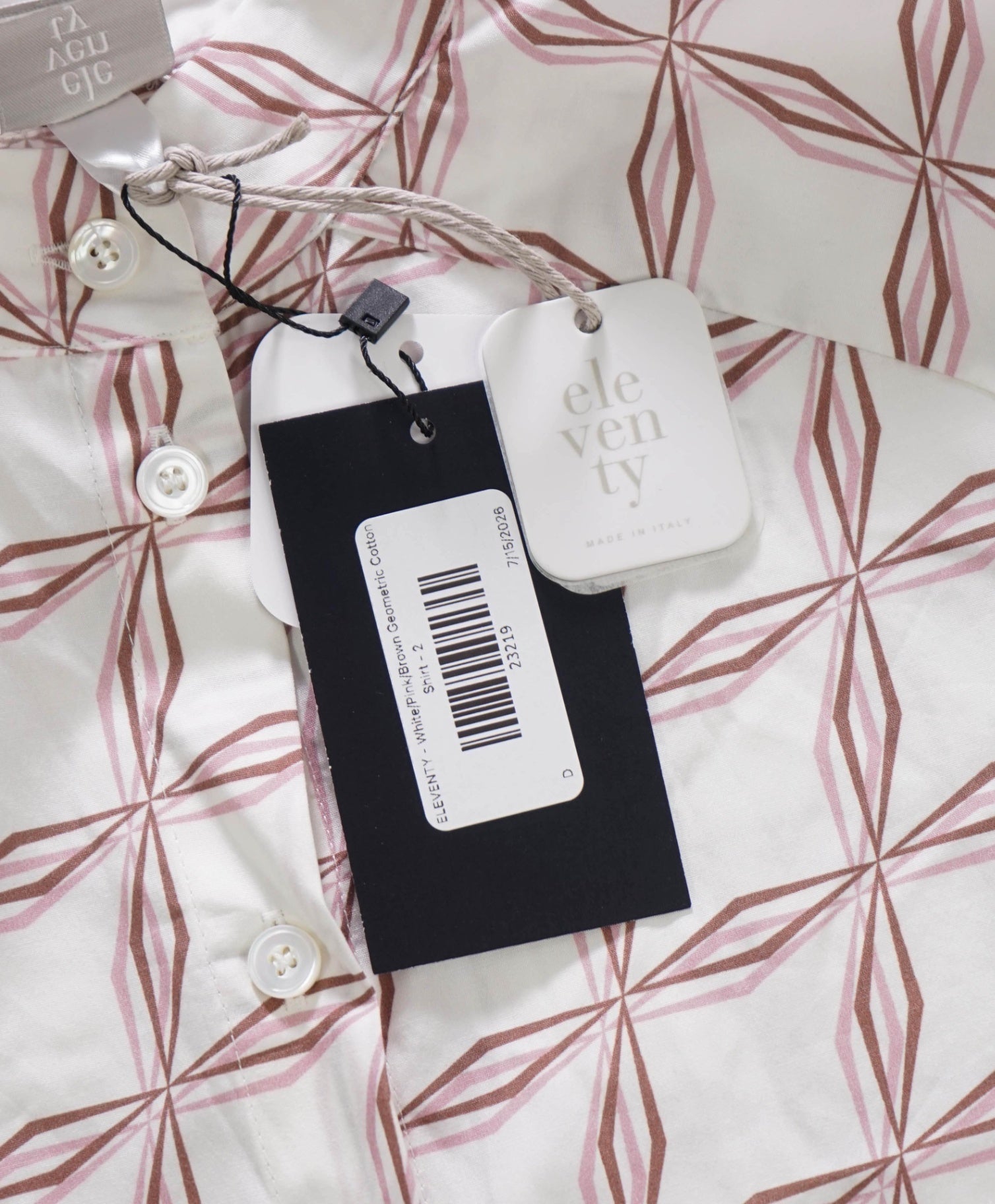 $495 ELEVENTY - White/Pink/Brown Geometric Cotton Shirt - 2 US