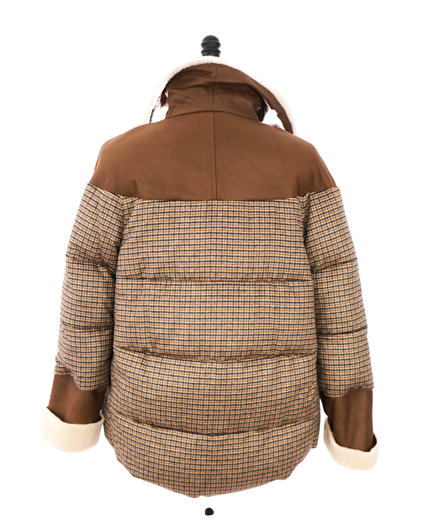 $2,995 ELEVENTY - Brown Stripe Wool/Leather/Fur Puffer Coat - S