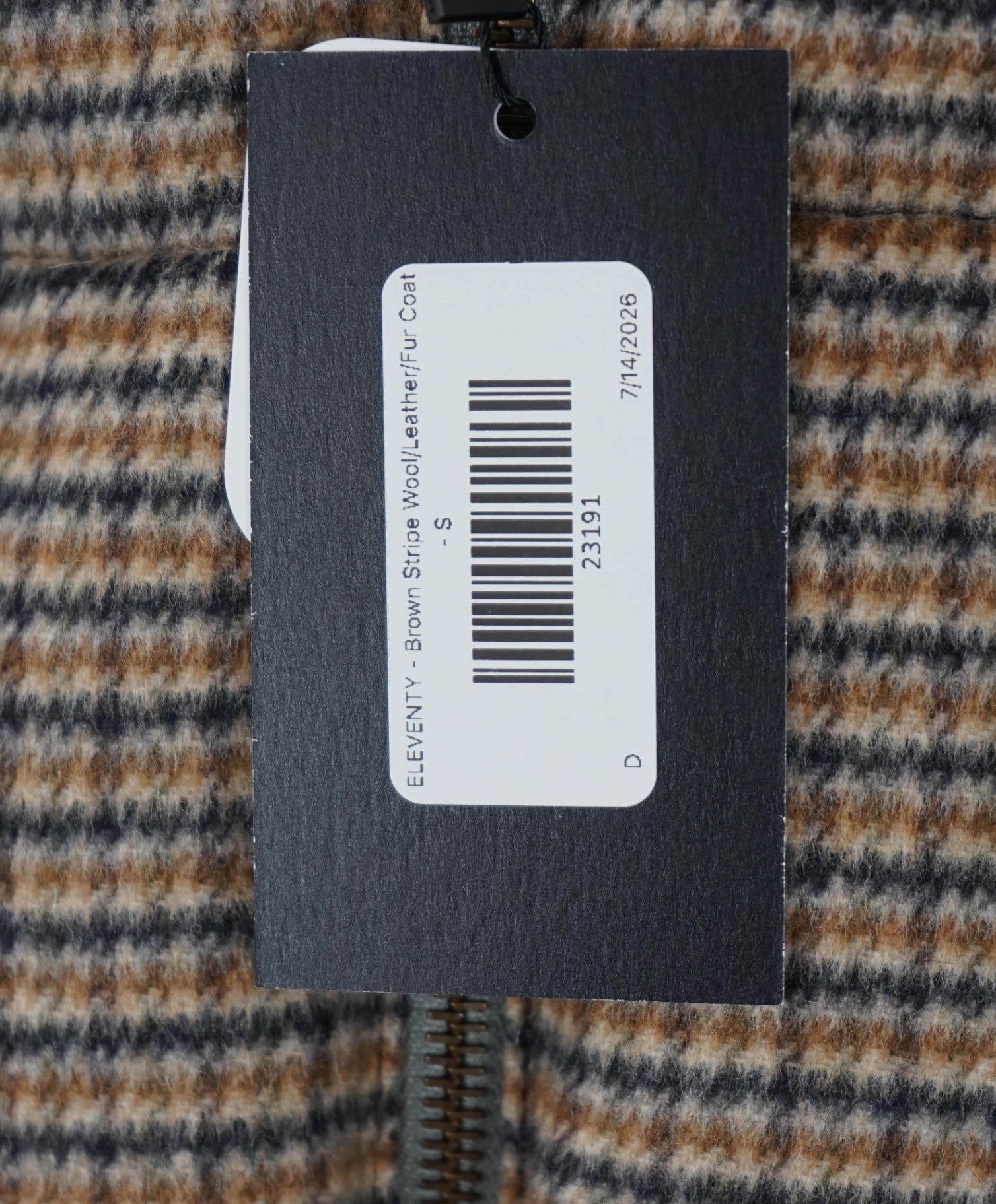 $2,995 ELEVENTY - Brown Stripe Wool/Leather/Fur Puffer Coat - S