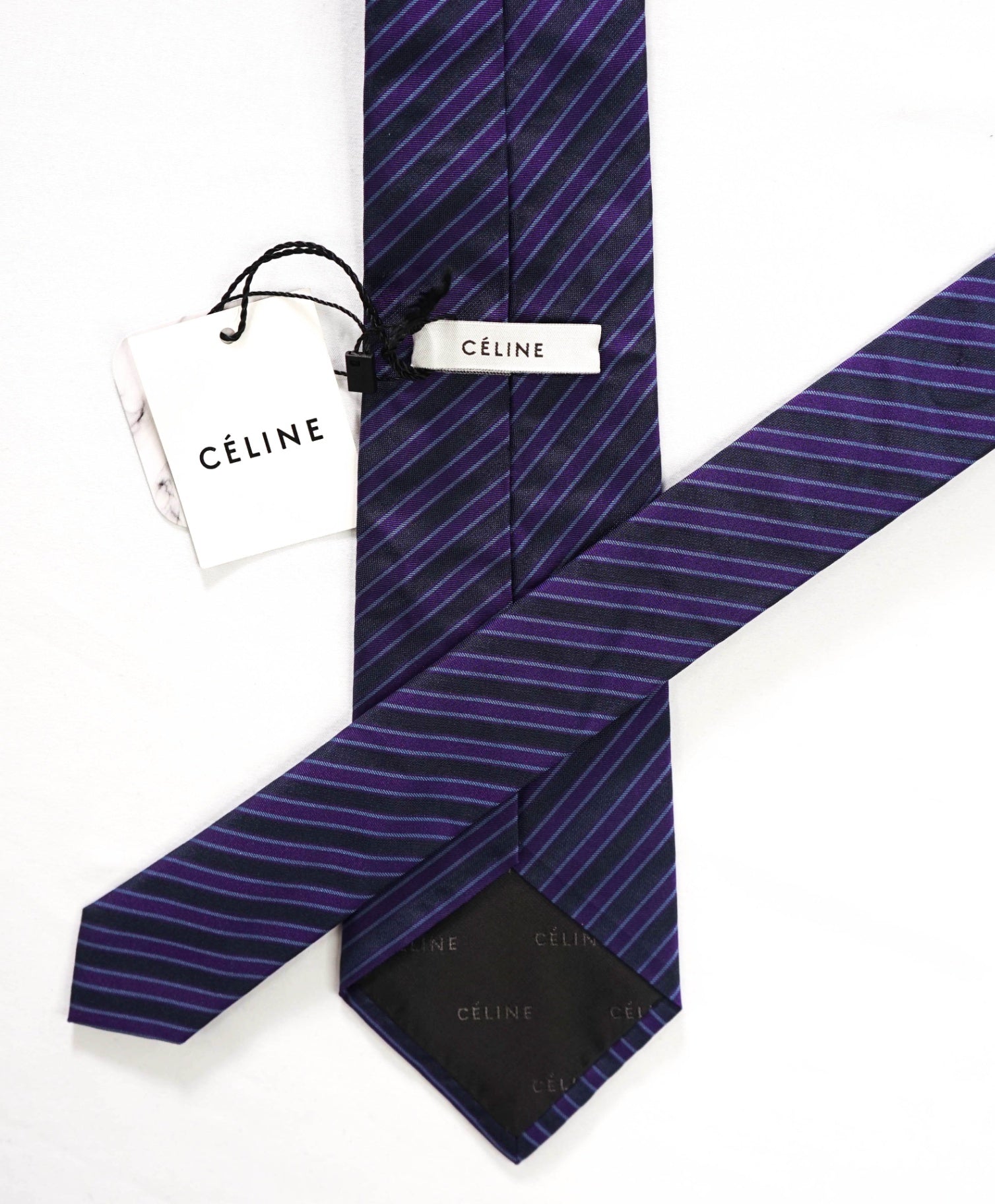 $195 CELINE - Purple/Navy Stripe Silk - 3.5" Tie