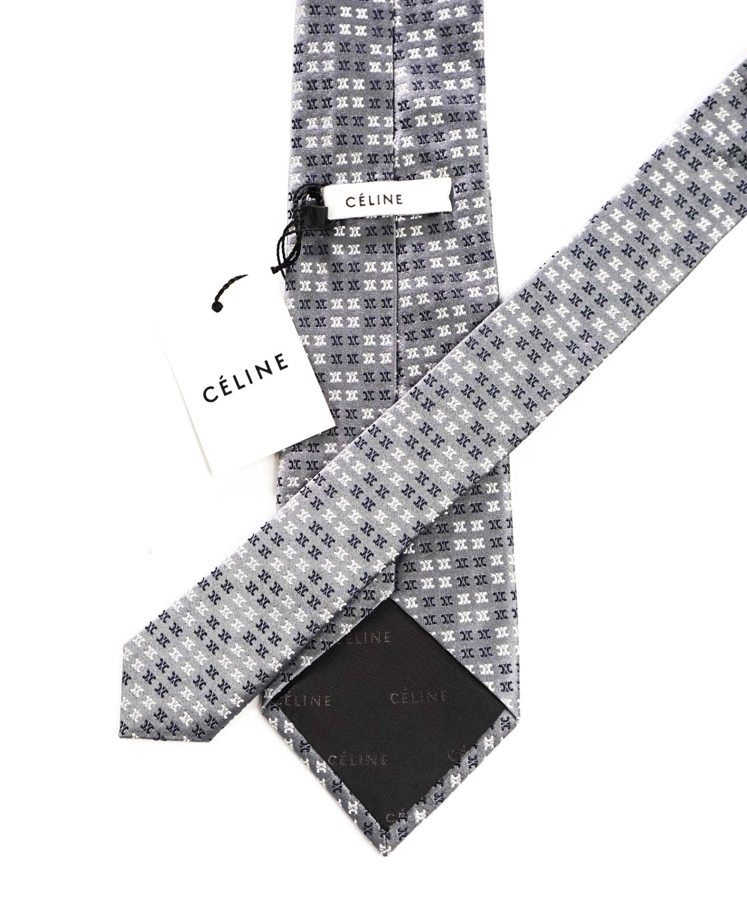 $195 CELINE - Silver/Black LOGO Silk - 3.5" Tie