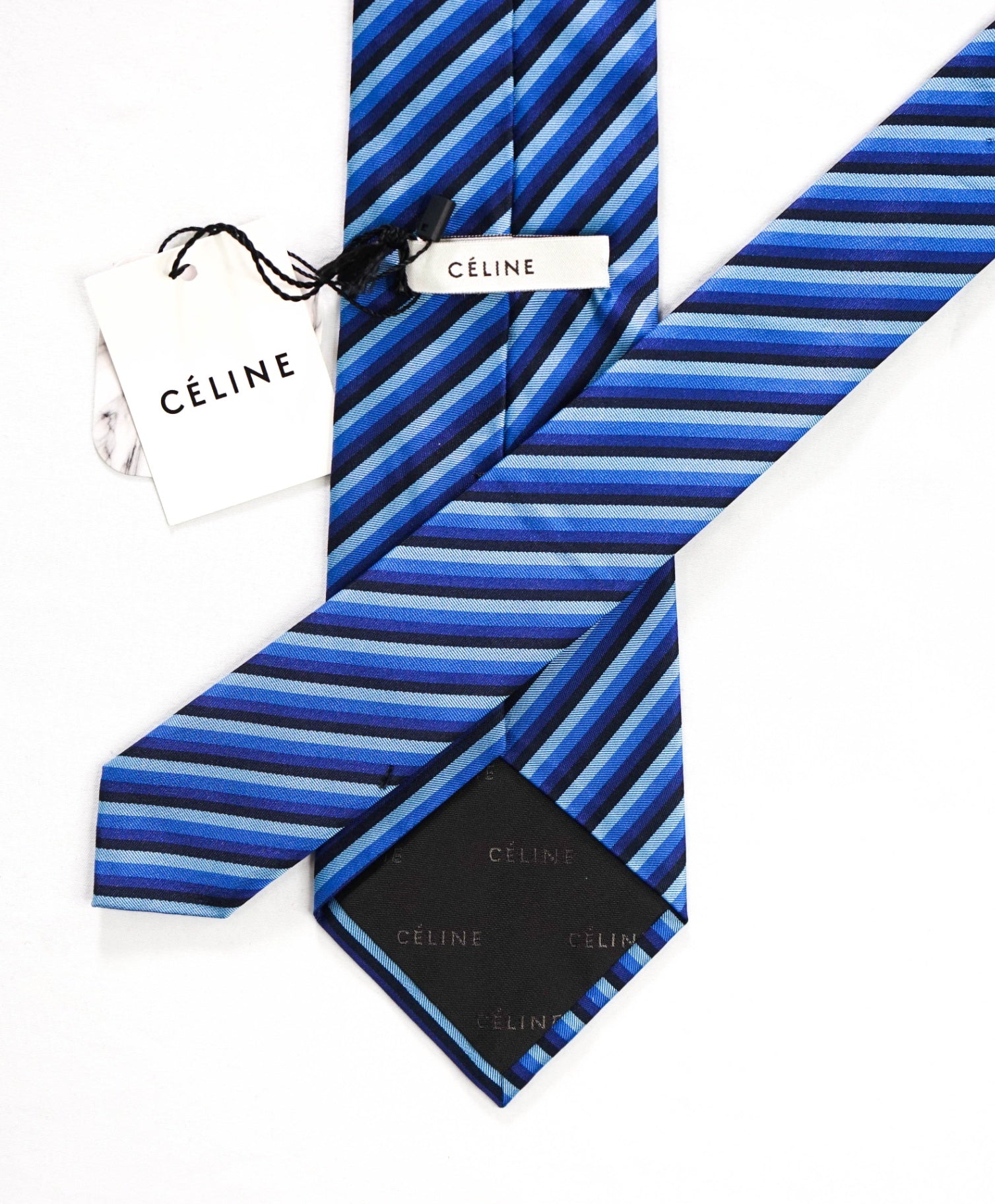 $195 CELINE - Blue Stripe Silk - 3.5" Tie