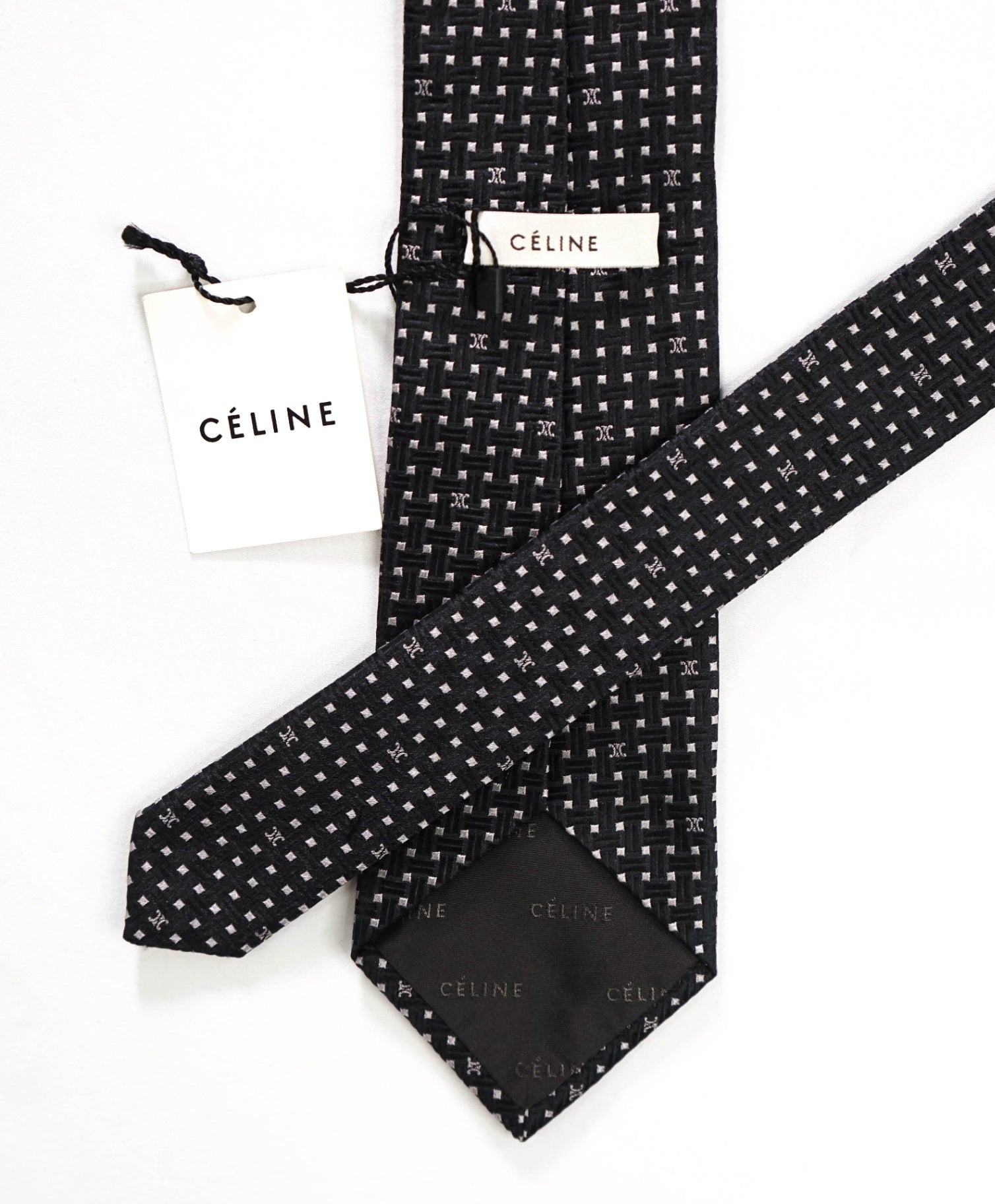 $195 CELINE - Black/Silver Basket Weave Motif Silk - 3.25" Tie