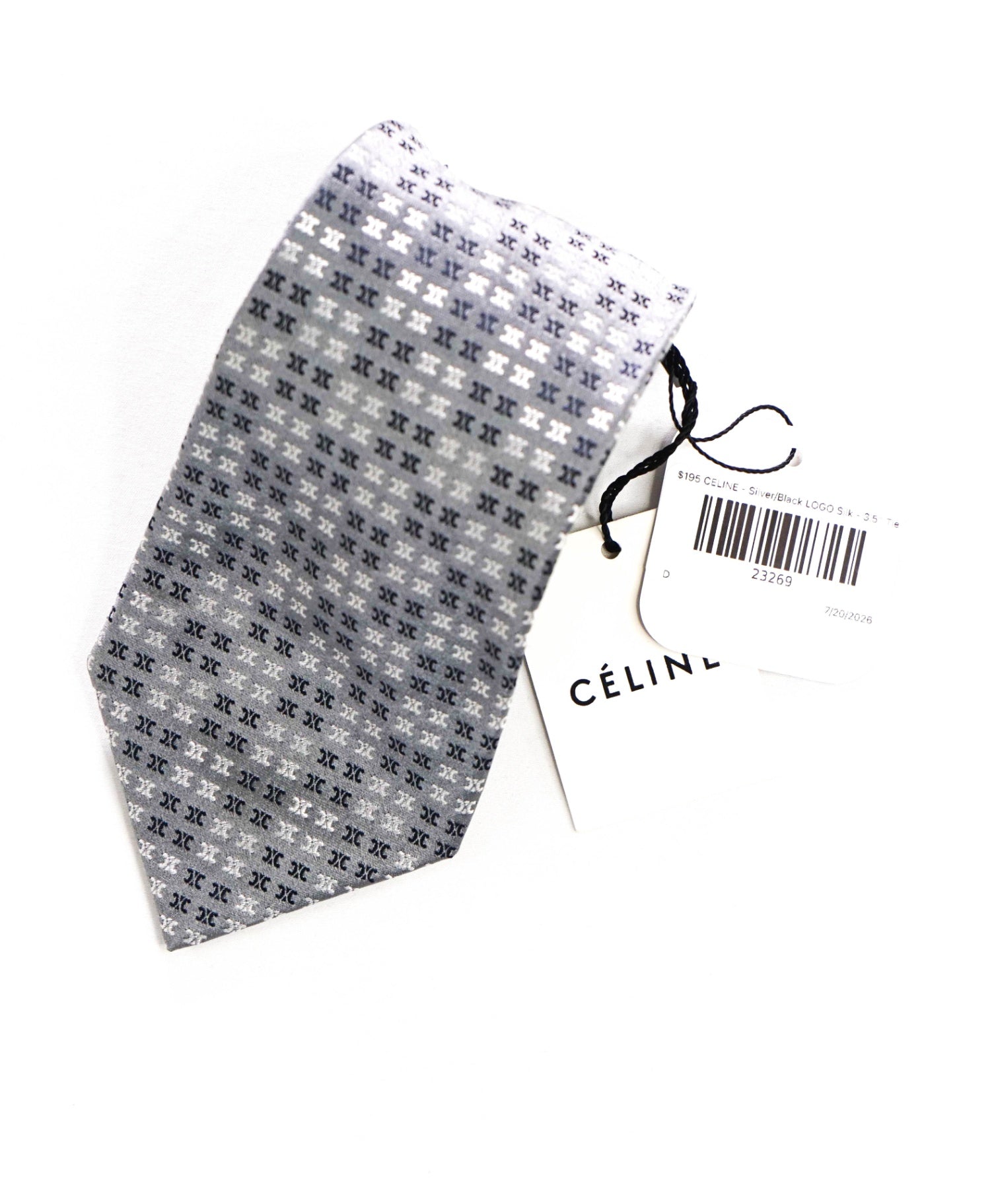 $195 CELINE - Silver/Black LOGO Silk - 3.5" Tie