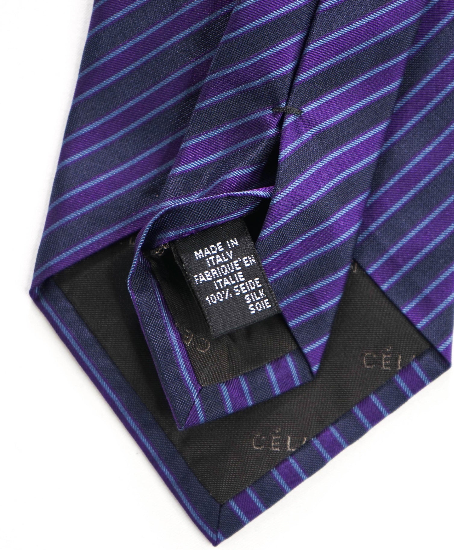 $195 CELINE - Purple/Navy Stripe Silk - 3.5" Tie