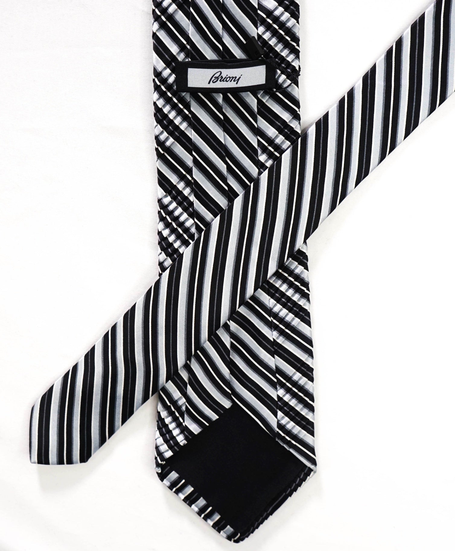$345 BRIONI - Silver/Black Stripe Pleated Silk - 3.5" Tie