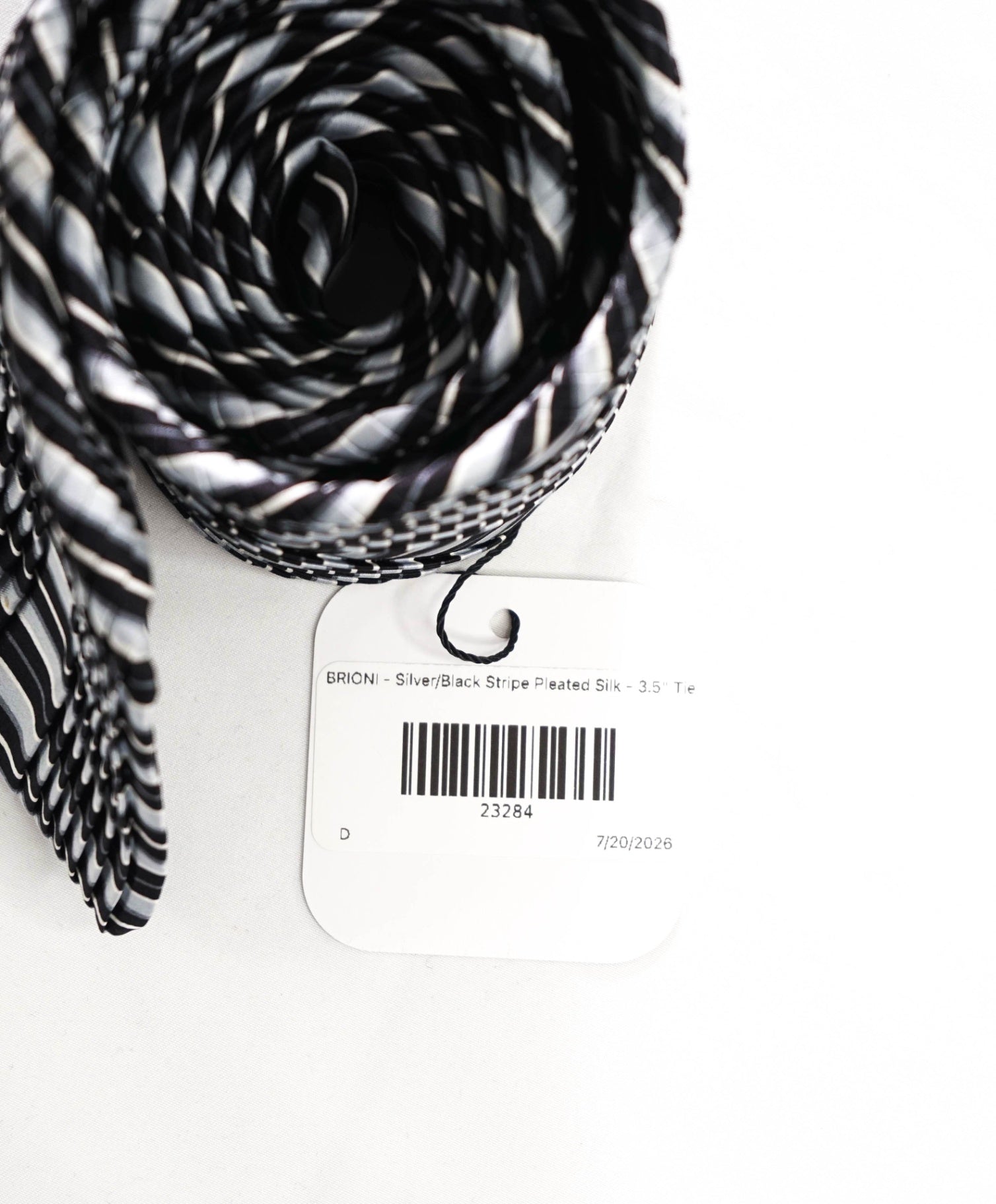 $345 BRIONI - Silver/Black Stripe Pleated Silk - 3.5" Tie