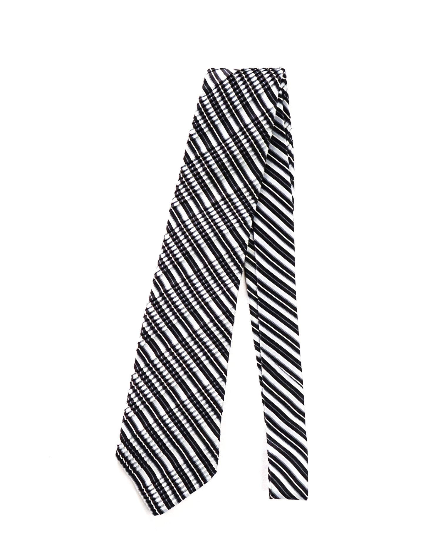 $345 BRIONI - Silver/Black Stripe Pleated Silk - 3.5" Tie