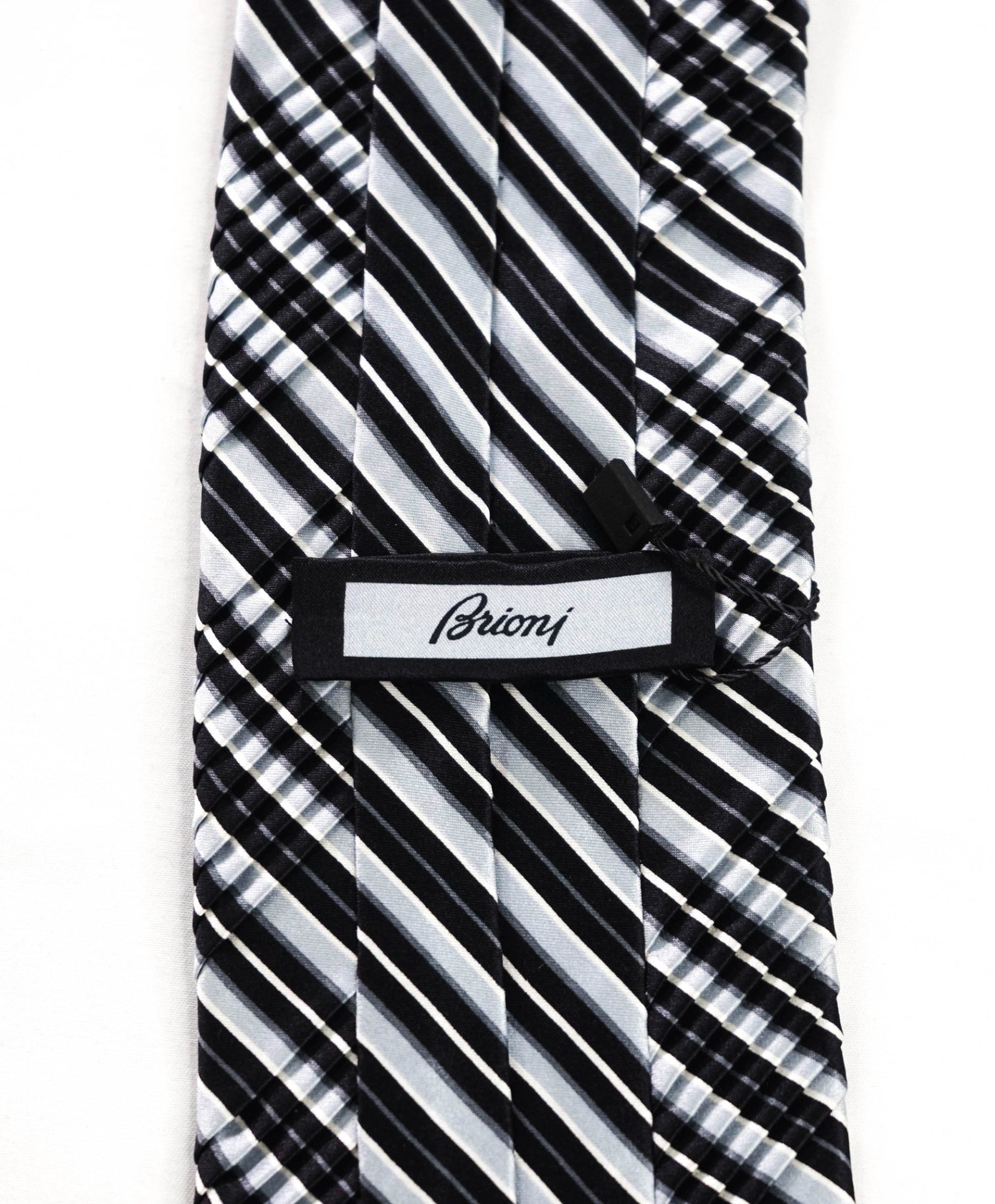 $345 BRIONI - Silver/Black Stripe Pleated Silk - 3.5" Tie