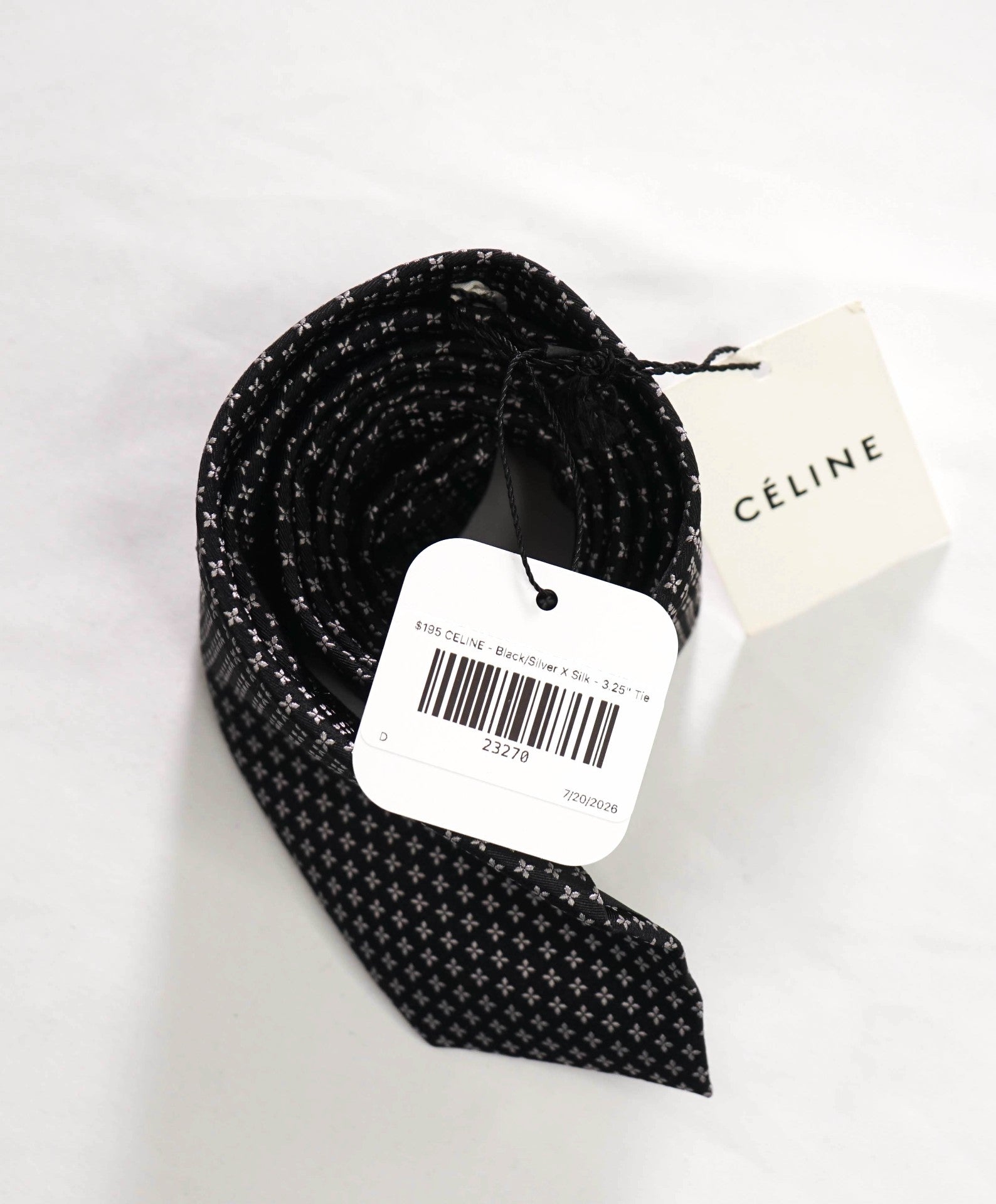 $195 CELINE - Black/Silver Logo Silk - 3.25" Tie