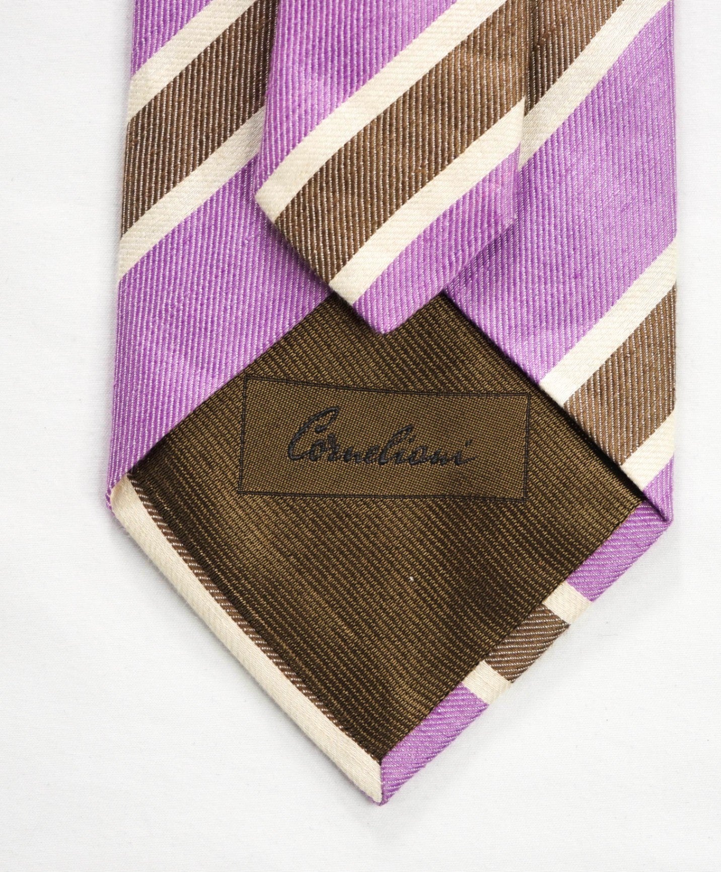 $220 CORNELIANI - Purple/Brown Stripe Silk/Linen - 3.5" Tie