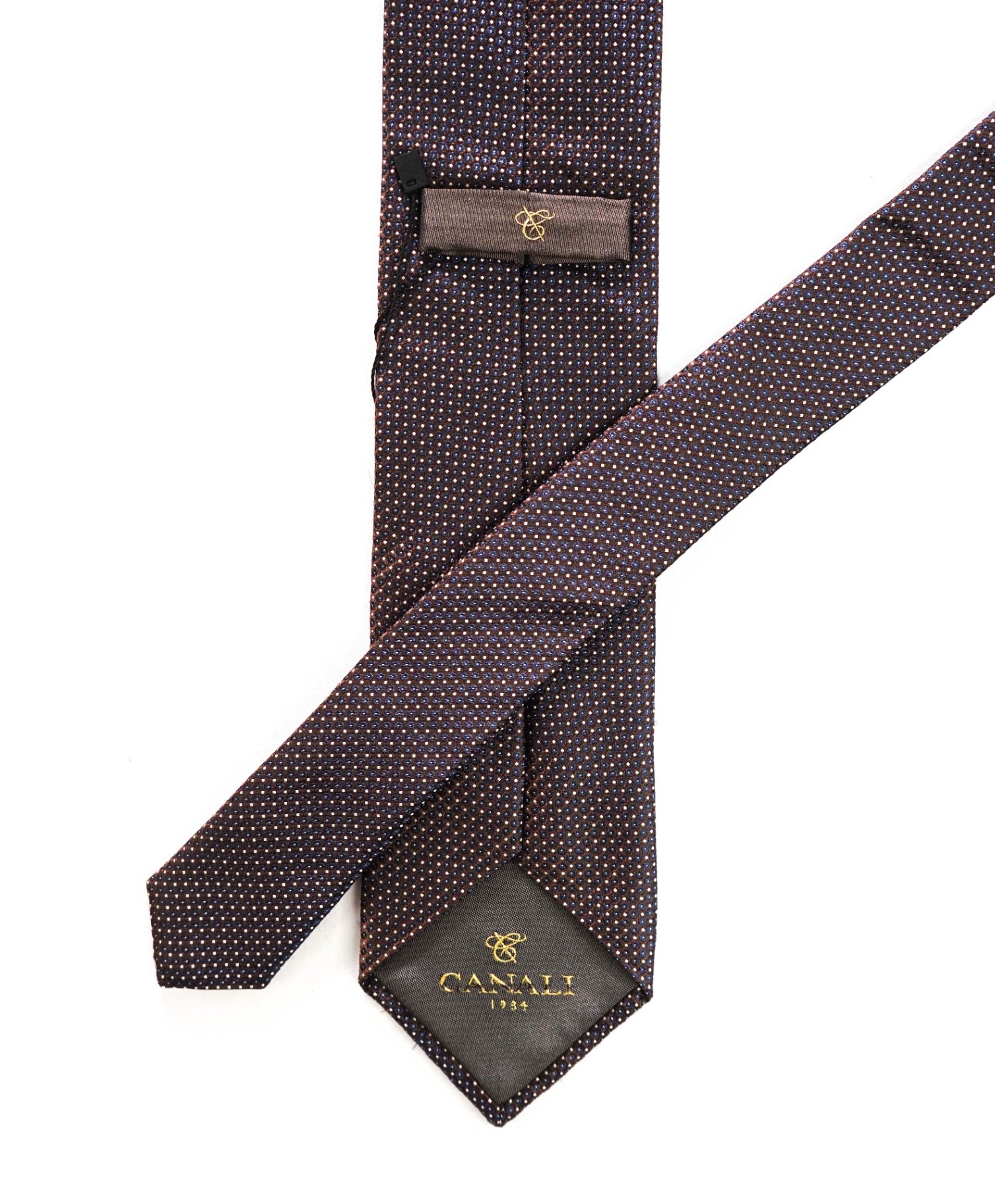 $275 CANALI - Brown/Navy Blue Polka Dot Silk - 3.25" Tie