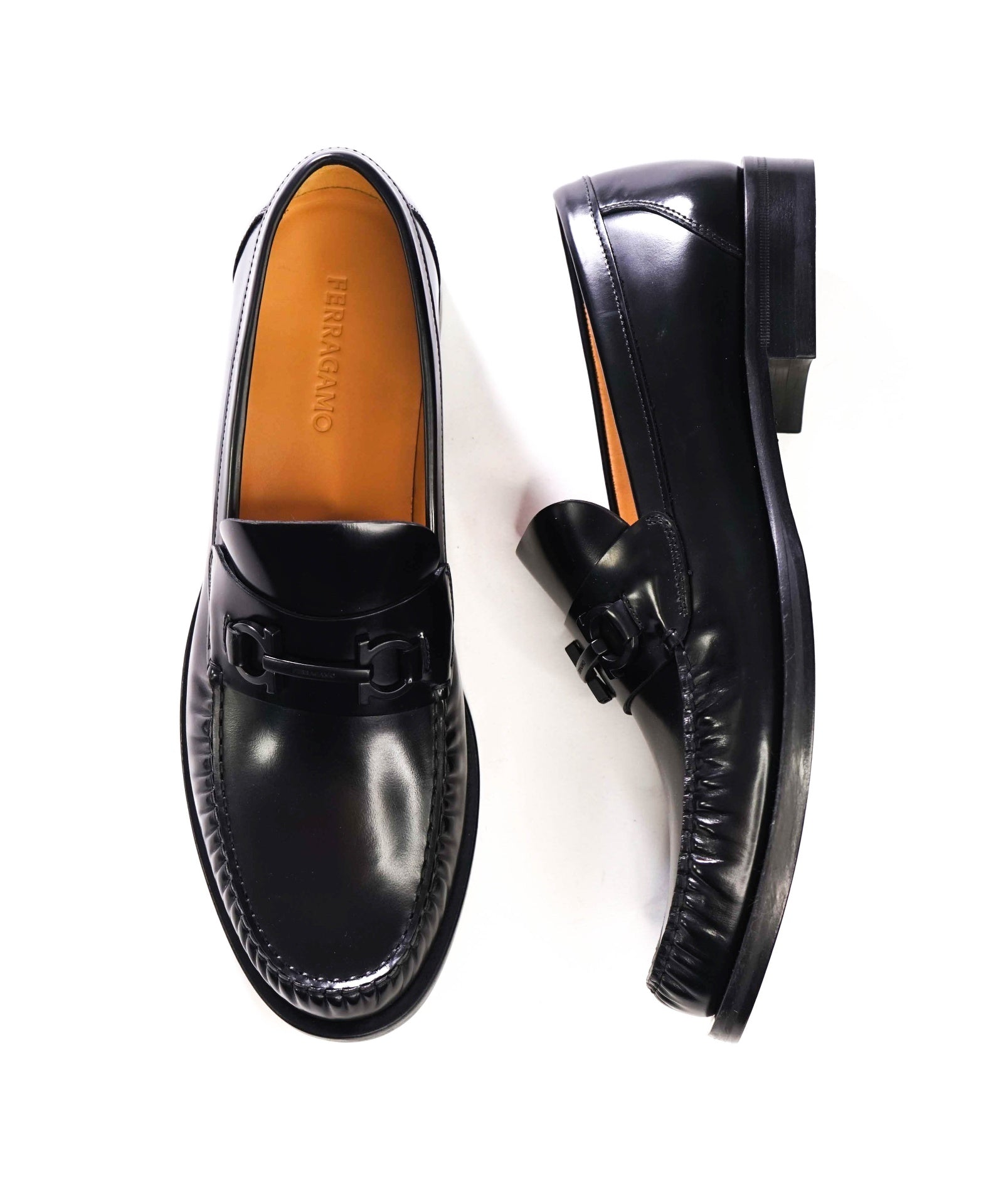 $995 FERRAGAMO - Black Leather "FORT" Loafers - 13 D