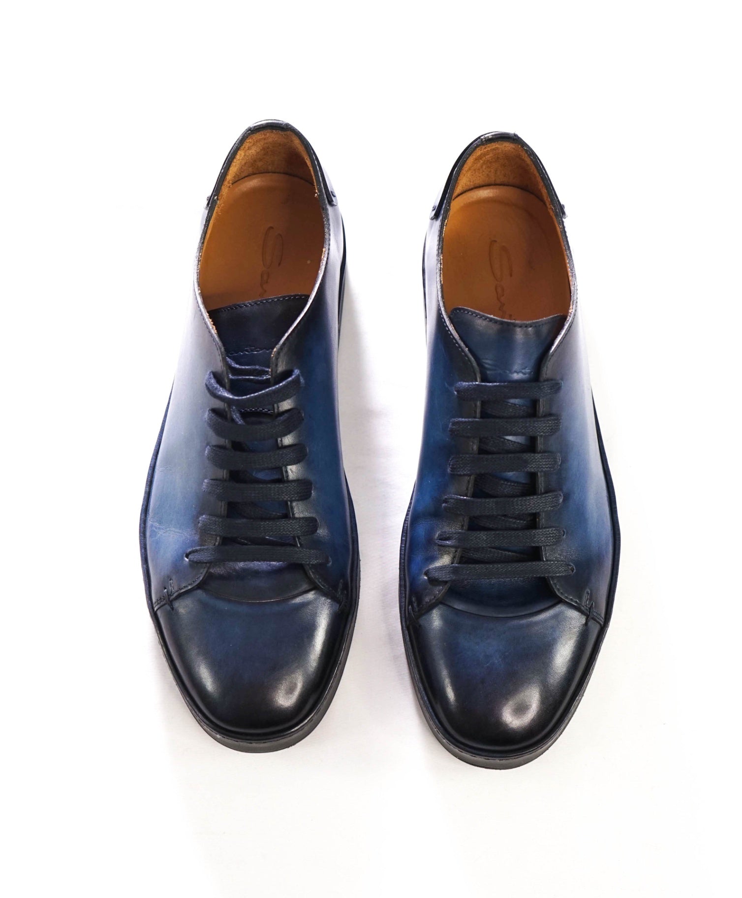 $1,295 SANTONI - Navy Blue Leather Sneakers - US 10 (9UK)