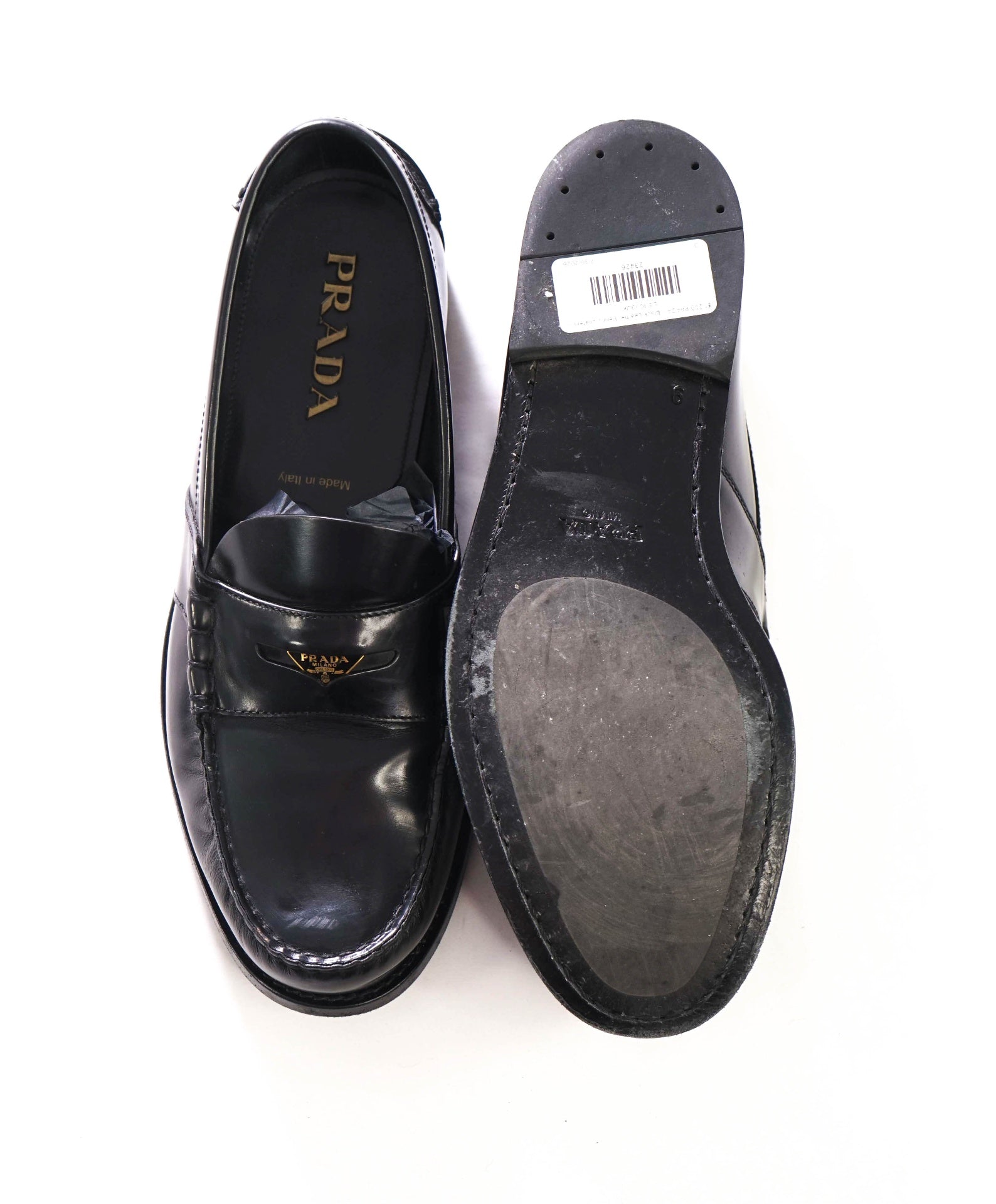 $1,250 PRADA - Black Leather Penny Loafers - US 10 (9UK)