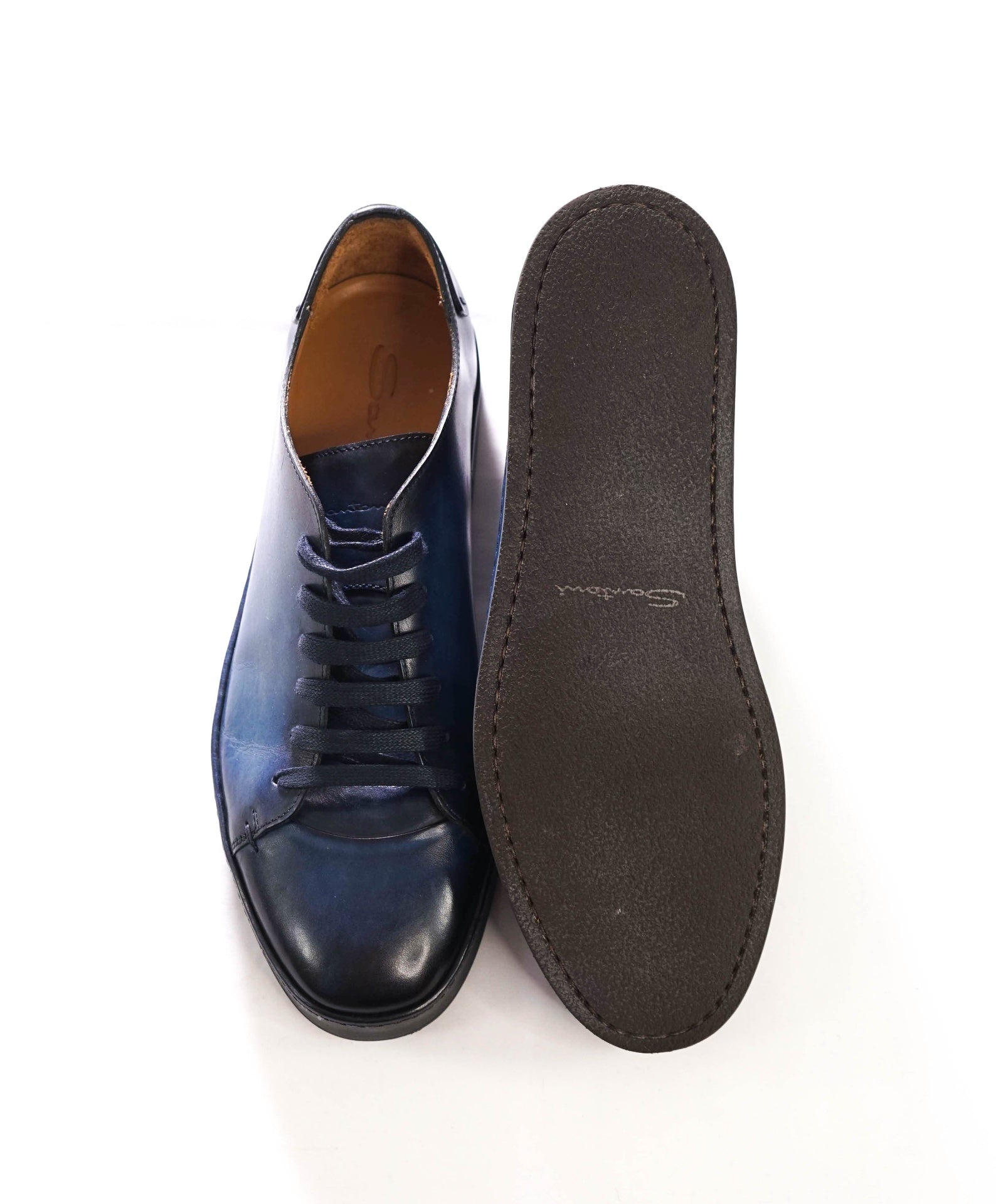 $1,295 SANTONI - Navy Blue Leather Sneakers - US 10 (9UK)