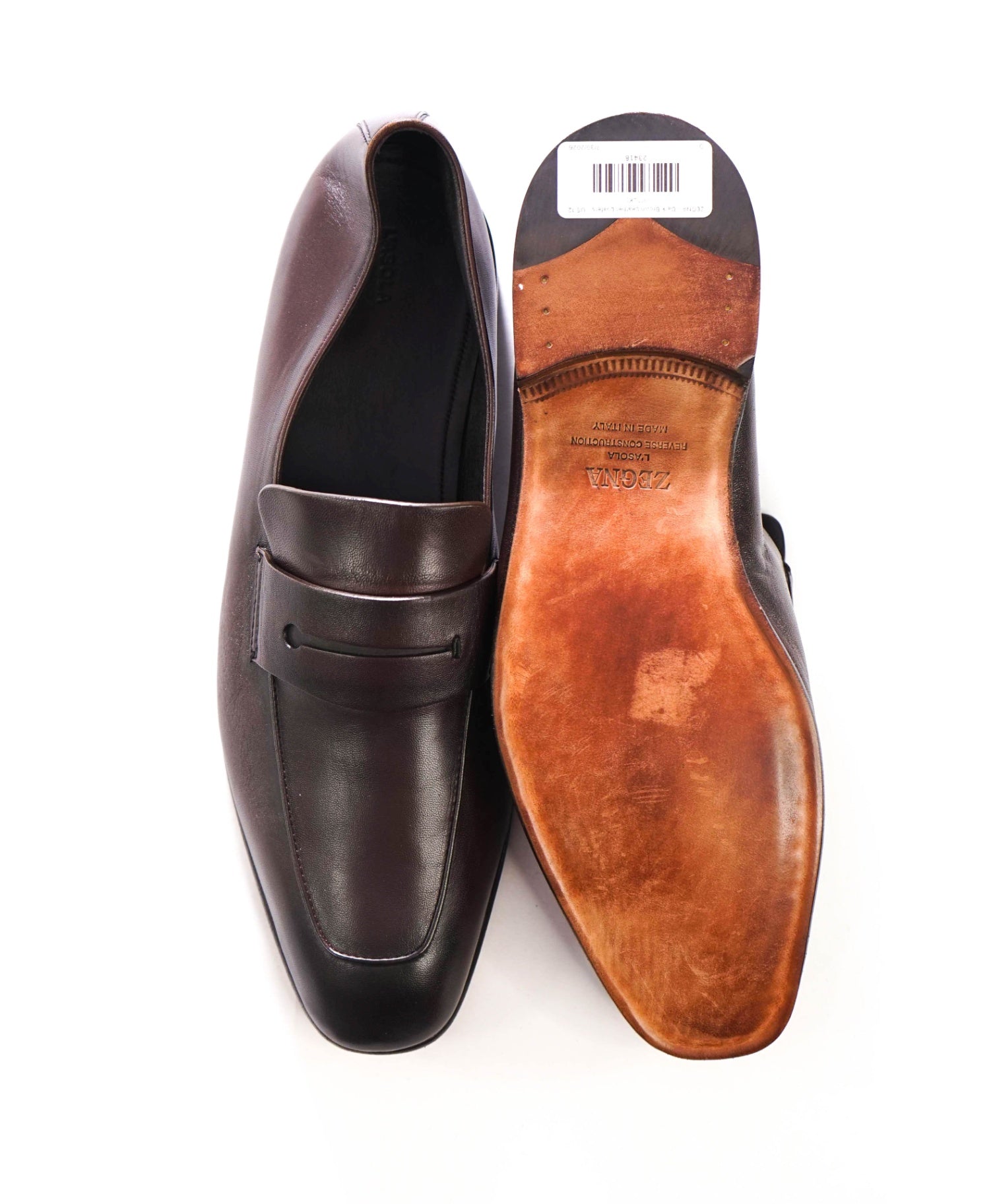 $950 ZEGNA - Dark Brown Leather Loafers - US 12 (11UK)