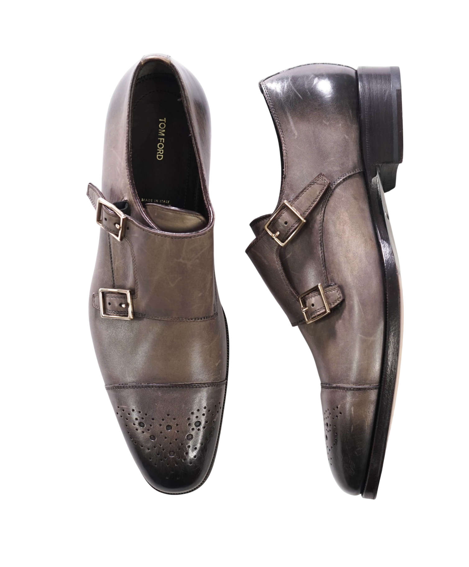 $1,990 TOM FORD - Gray Leather Monk Straps - US 9 (TF 8.5)