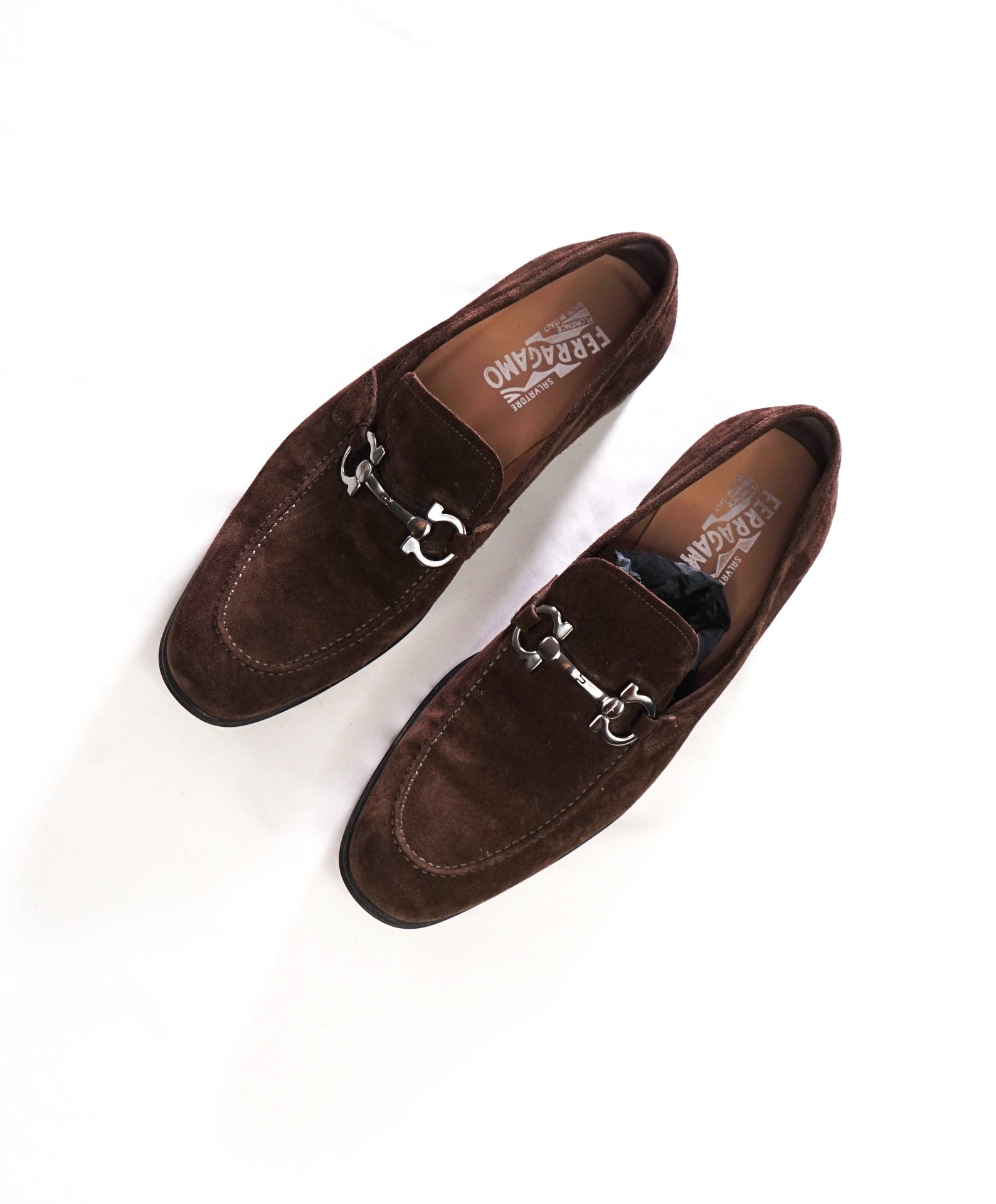 $950 FERRAGAMO - Gancini Brown Suede Loafers - 8.5EE
