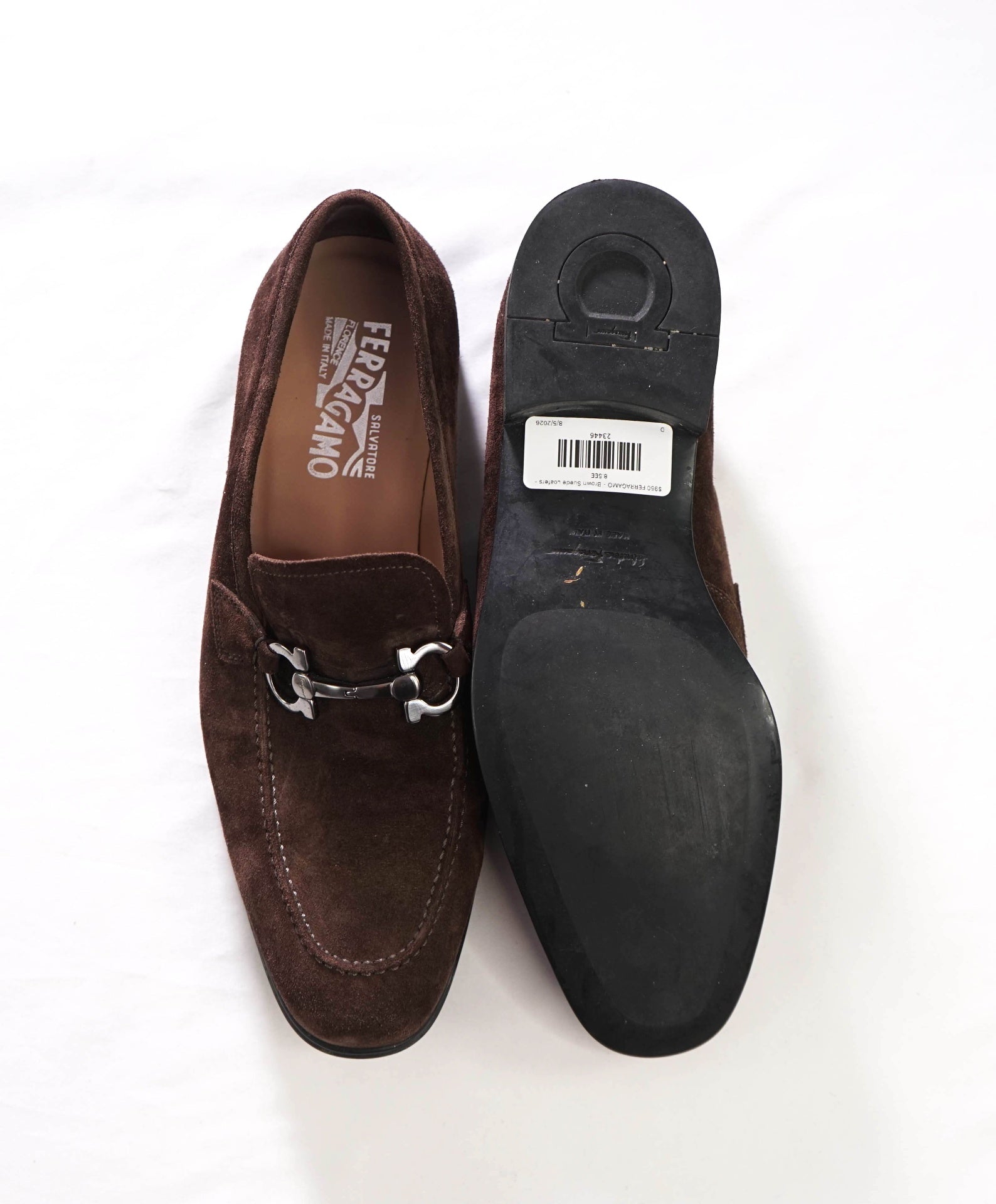 $950 FERRAGAMO - Gancini Brown Suede Loafers - 8.5EE